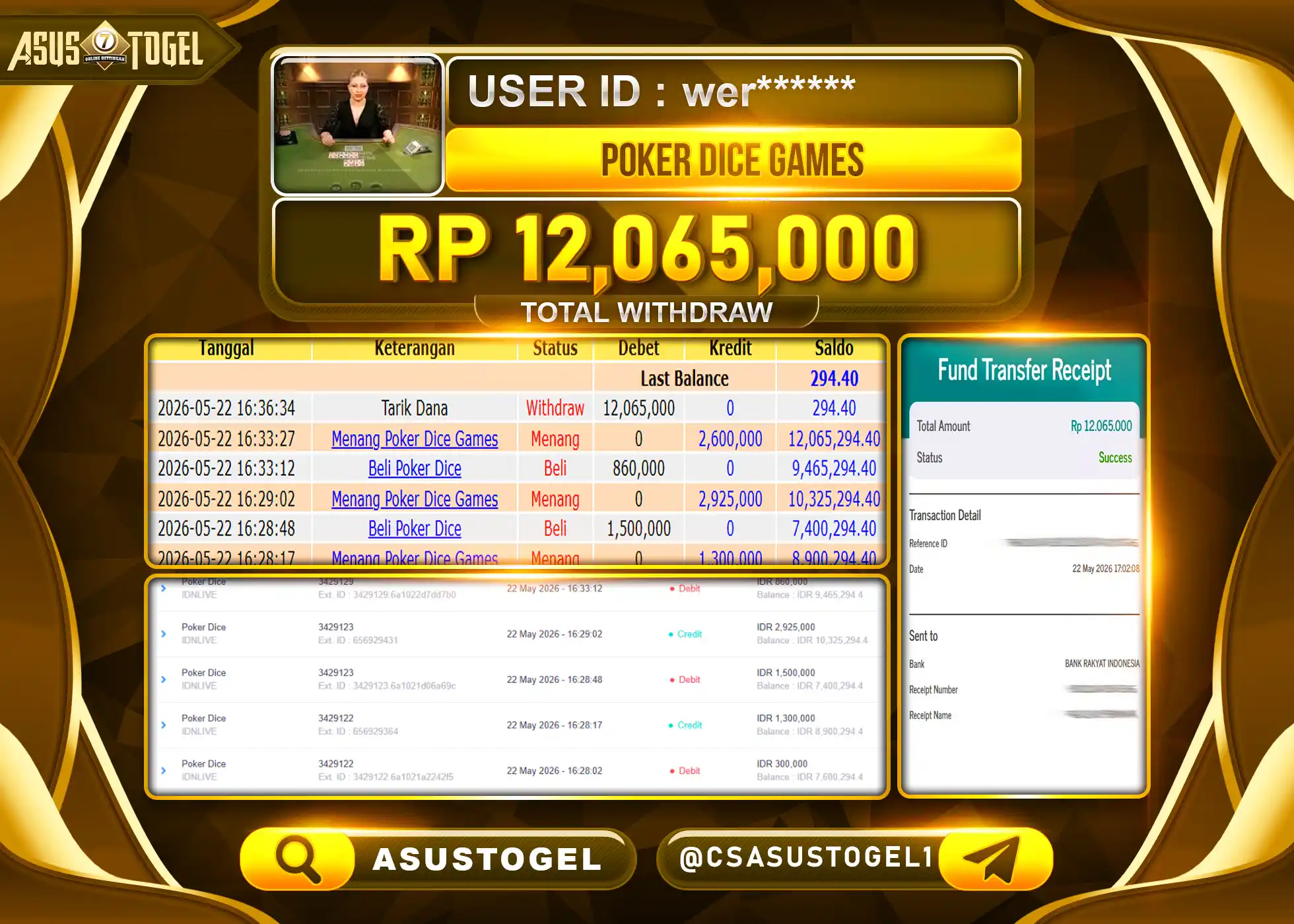 ASUSTOGEL KEMENANGAN JACKPOT DI PERMAINAN POKER DICE GAMES SEBESAR Rp.12,065,000 - RUPIAH LUNAS