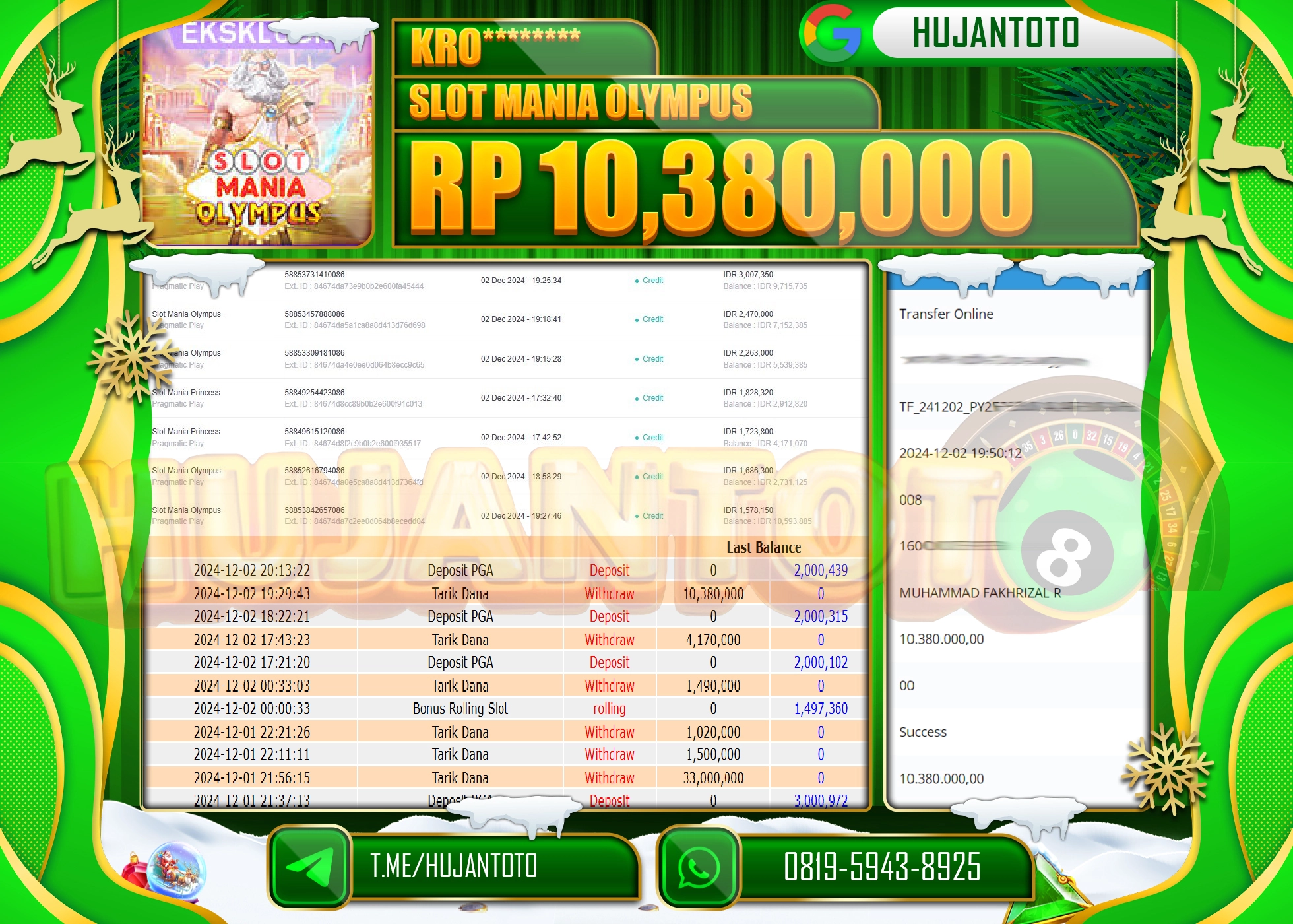 HUJANTOTO MENANG BESAR YANG  DI RAIH DI PERMAINAN SLOT MANIA OLYMPUS - 10.380.000 - LUNAS 