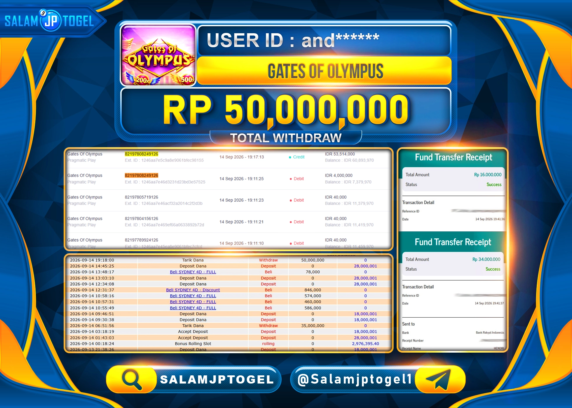 SALAMJPTOGEL JACKPOT MENANG SLOT GATES OLYMPUS Rp.50,000,000 - LUNAS
