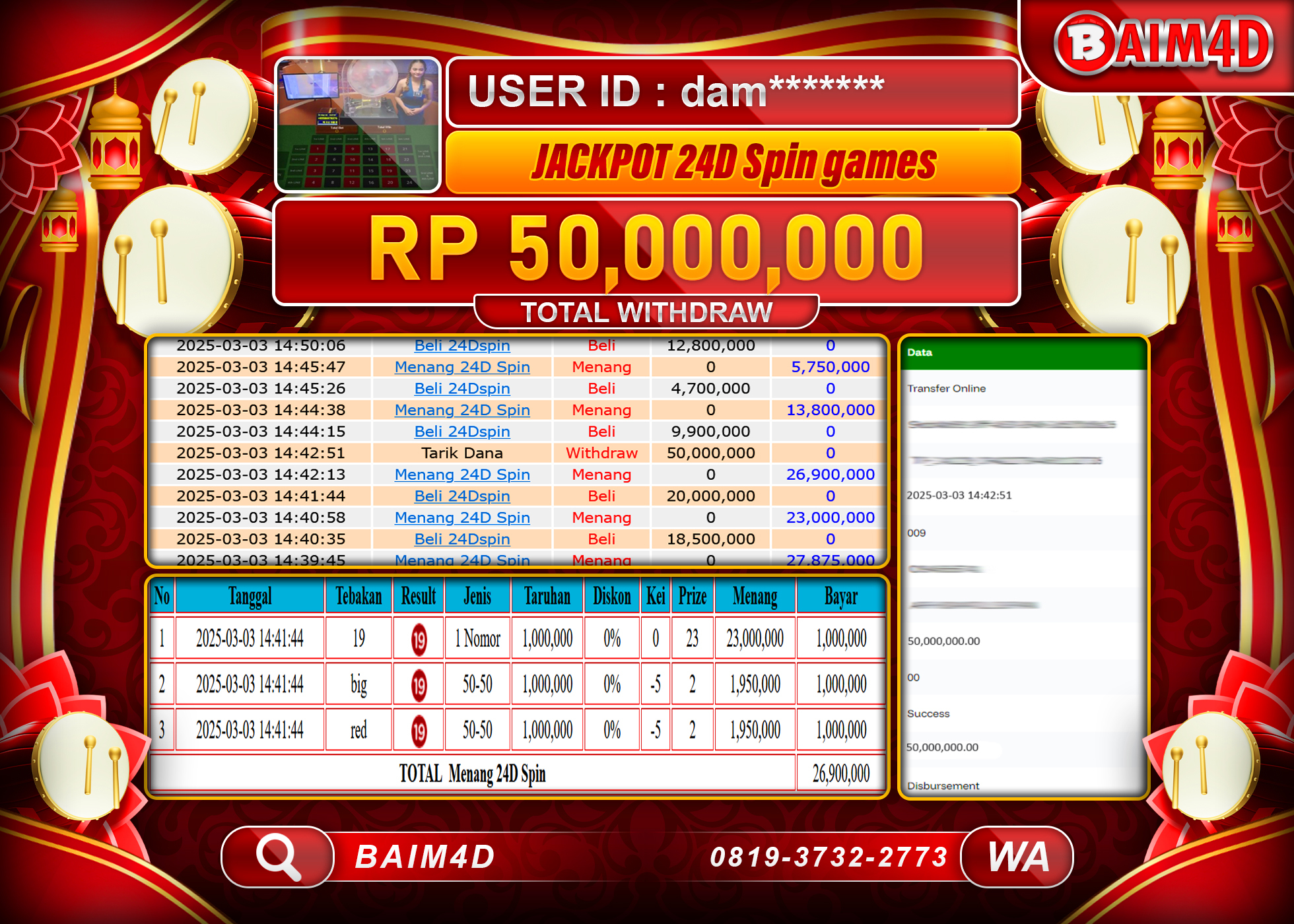 BAIM4D MENANG JACKPOT LIVE GAME 24D Spin 1000 Rp.50.000,000.