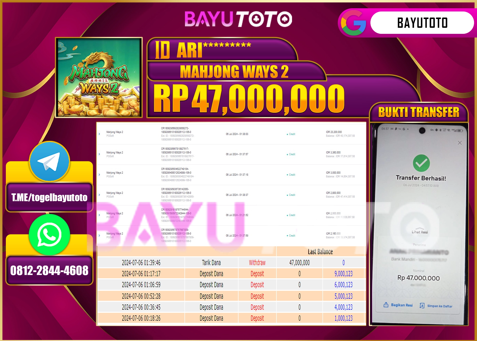BAYUTOTO JACKPOT SLOT GAME MAHJONG WAYS 2 Rp.47.000.000 LUNAS