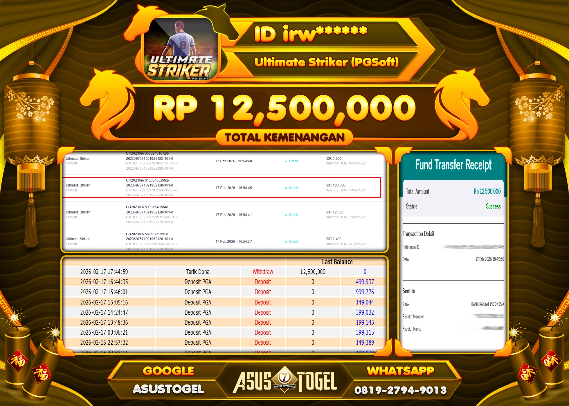 ASUSTOGEL KEMENANGAN DI SLOT ULTIMATE STRIKER SEBESAR 12,500,000 - RUPIAH LUNAS