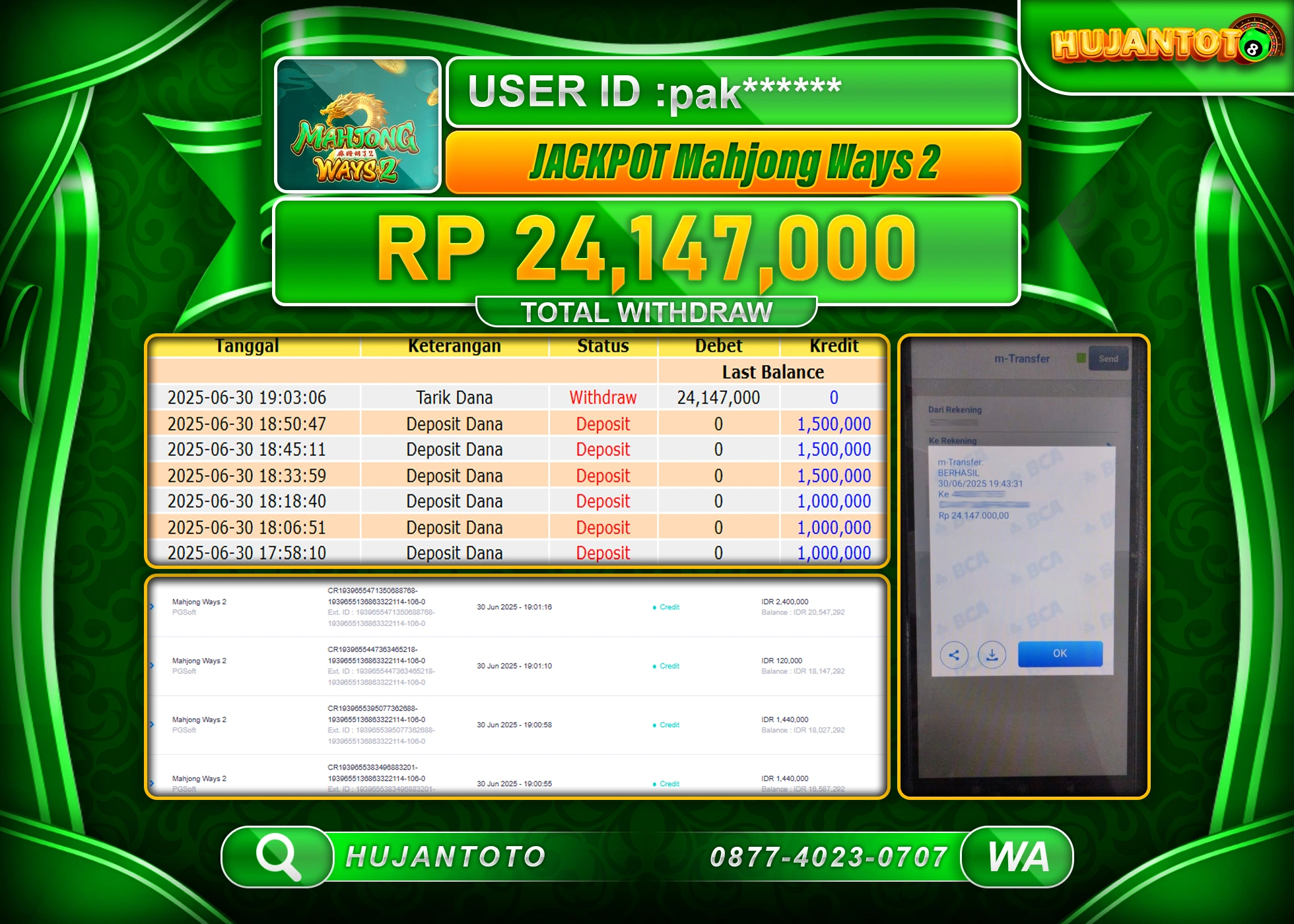 HUJANTOTO - BUKTI JACKPOT MENANG SLOT MAHJONG WAYS 2 Rp.24,147,000 - TERBAYAR LUNAS
