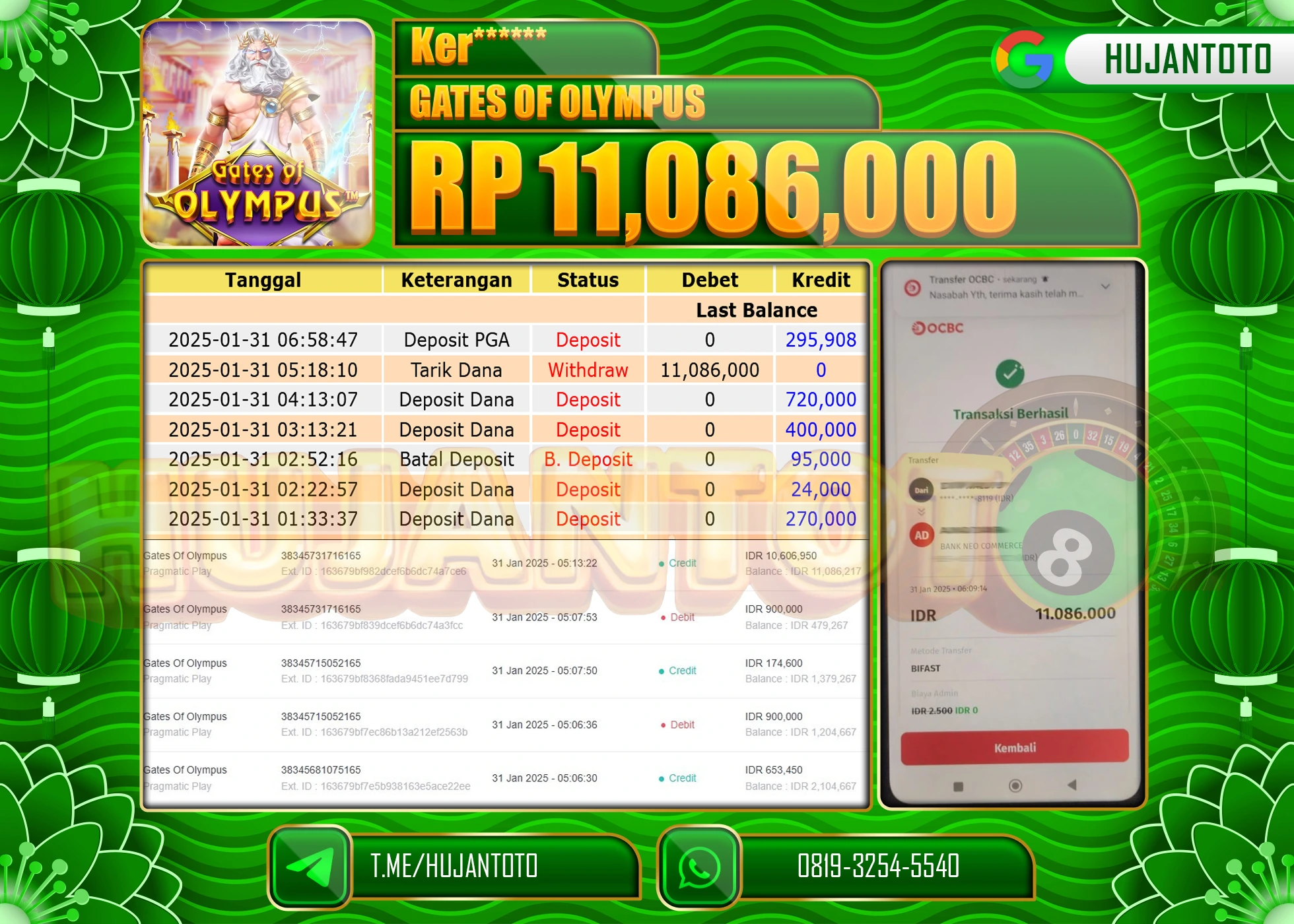 HUJANTOTO - BUKTI JACKPOT MENANG SLOT GATES OF OLYMPUS Rp,11,086,000 - TERBAYAR LUNAS