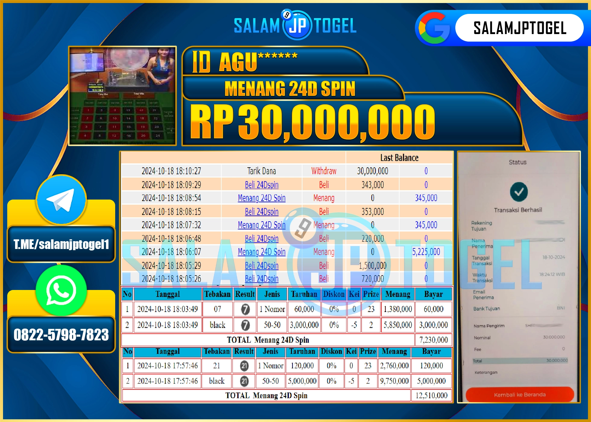 SALAMJPTOGEL MENANG LIVE GAMES 24D SPIN RP. 30,000,000 LUNAS