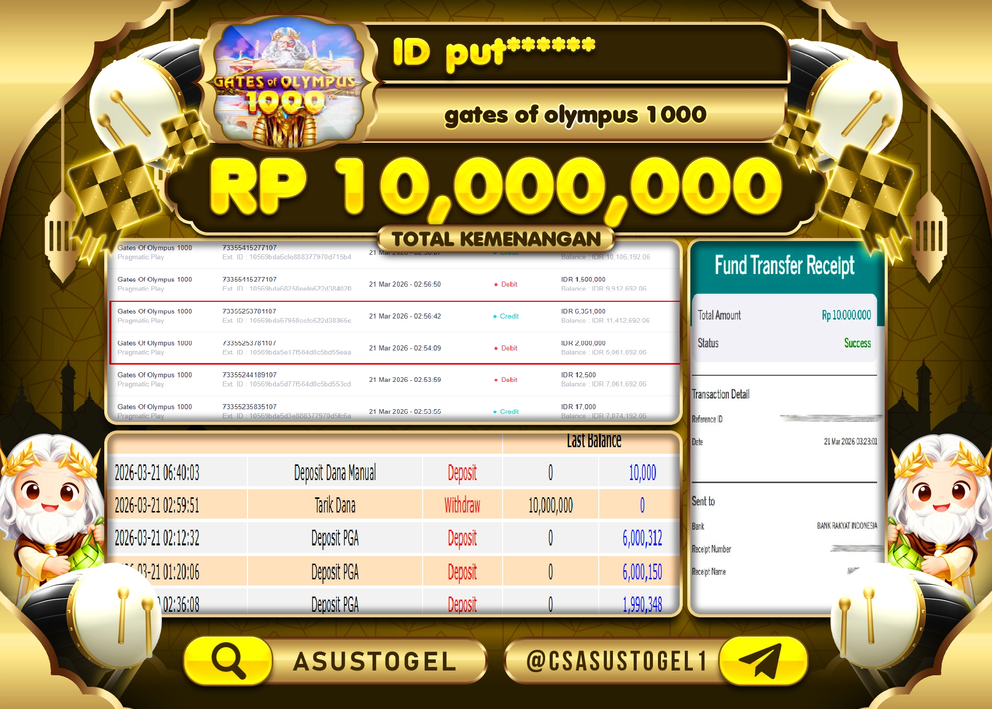 ASUSTOGEL KEMENANGAN JACKPOT DI SLOT GATES OF OLYMPUS 1000 PRAGMATIC PLAY Rp.10,000,000 - RUPIAH LUNAS