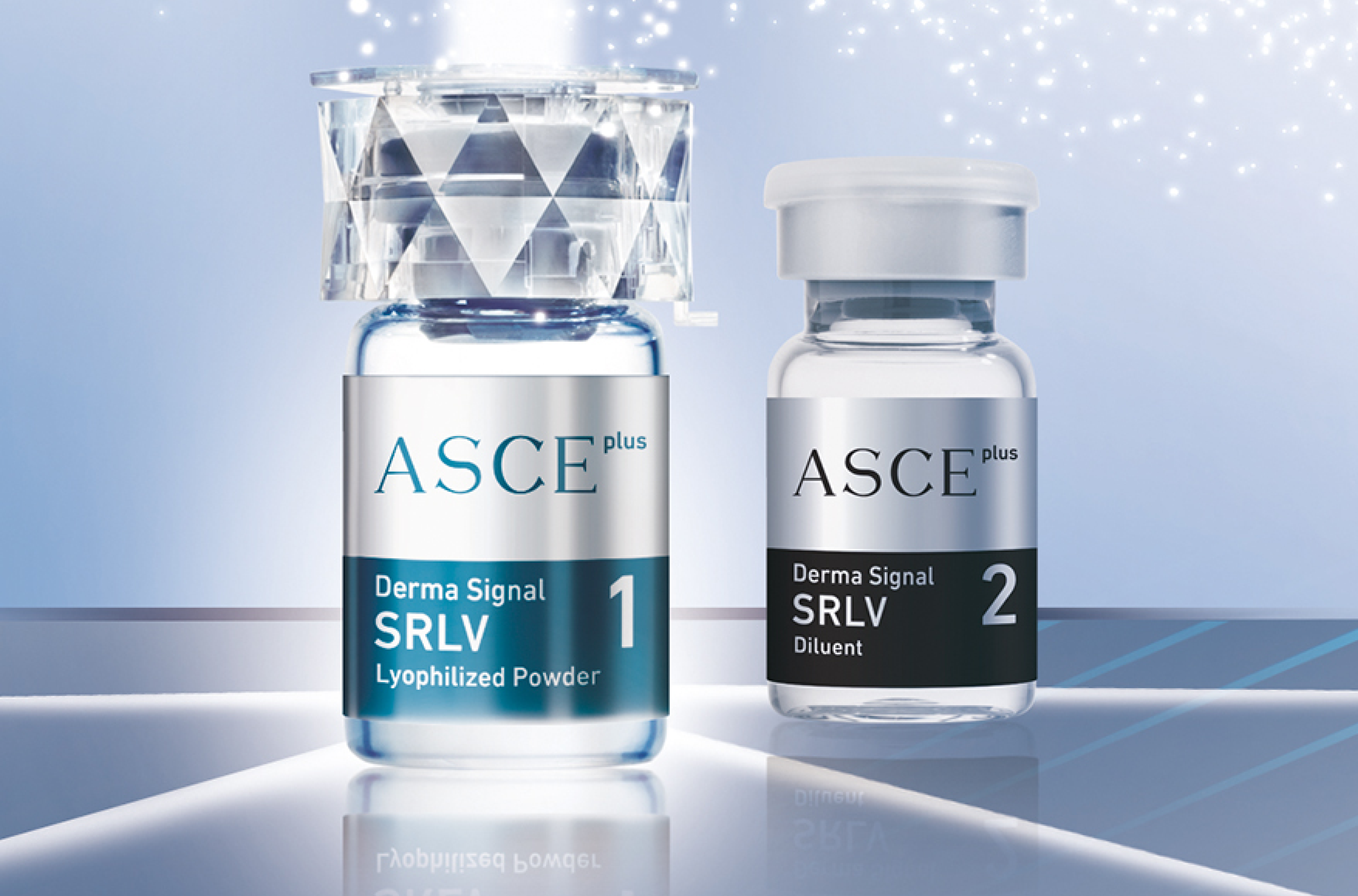 Two ASCE Derma Signal SRLV skincare bottles labeled 1 (Lyophilized Powder) and 2 (Diluent) on a reflective surface.