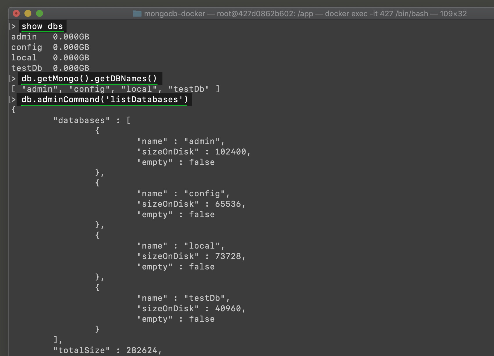 Screenshot of list databases mongo shell show databases in terminal