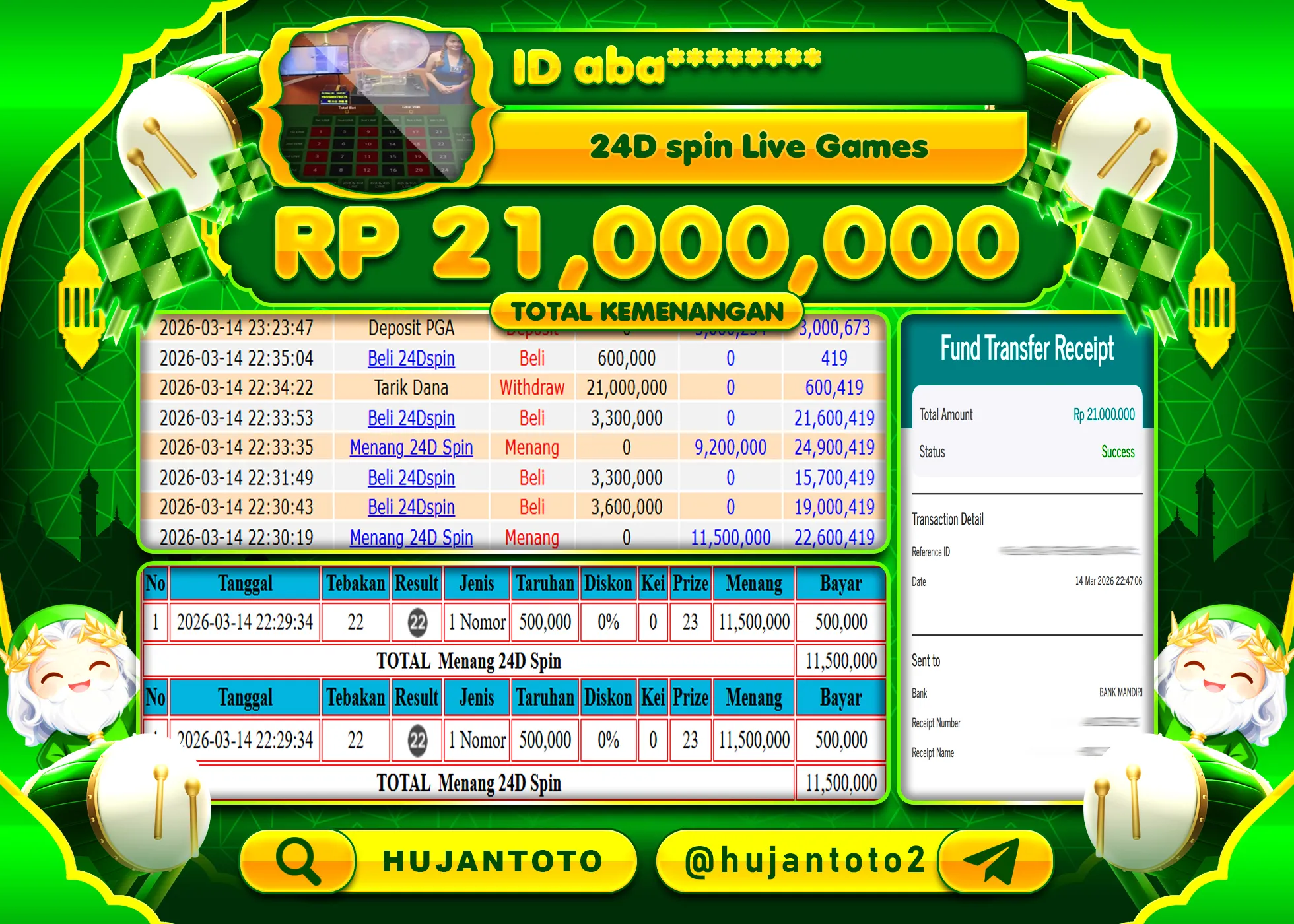 HUJANTOTO - BUKTI JACKPOT MENANG LIVEGAME 24D SPIN Rp.21,000,000 - TERBAYAR LUNAS