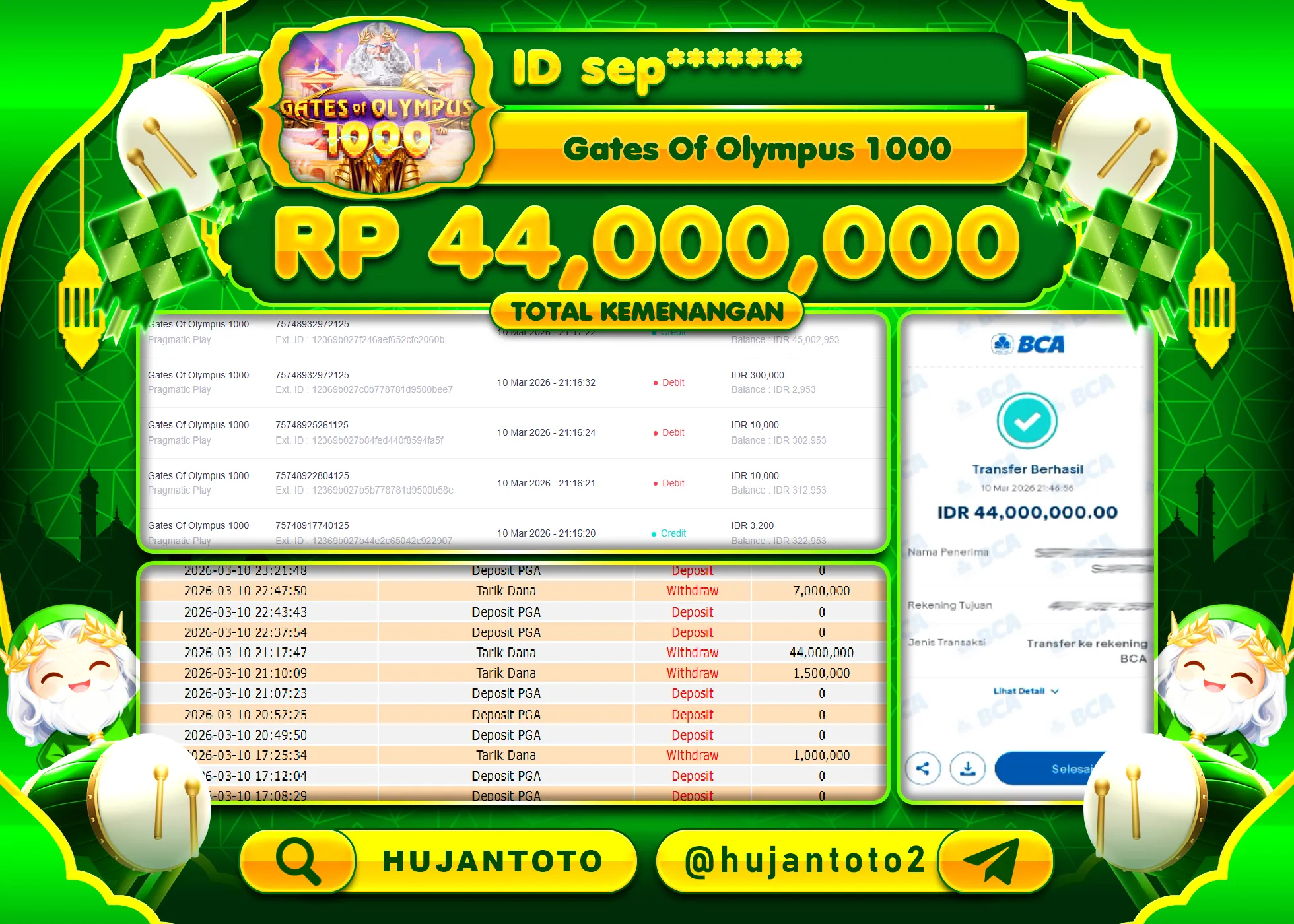 HUJANTOTO - BUKTI JACKPOT MENANG SLOT GATES OF OLYMPUS 1000 Rp.44,000,000 - TERBAYAR LUNAS