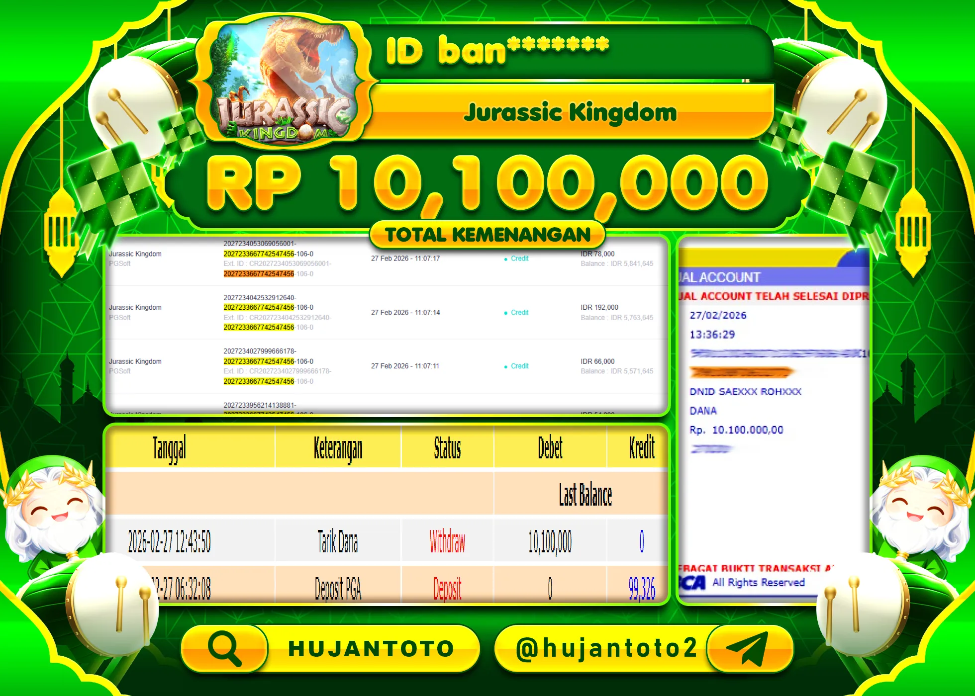 HUJANTOTO - BUKTI JACKPOT MENANG SLOT JURASSIC KINGDOM Rp.10,100,000 - TERBAYAR LUNAS