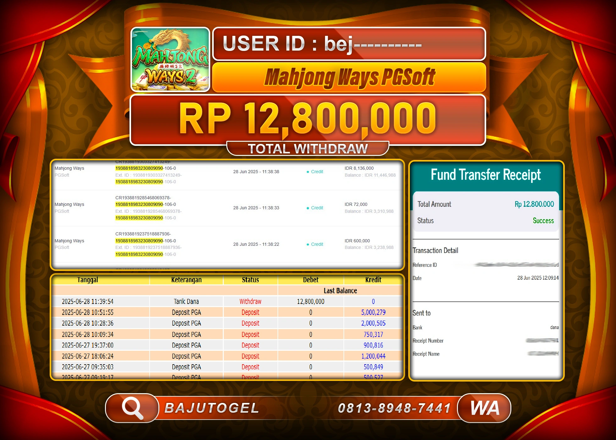 BAJUTOGEL KEMENANGAN SLOT MAHJONG WAYS Rp.12.800.000 LUNAS