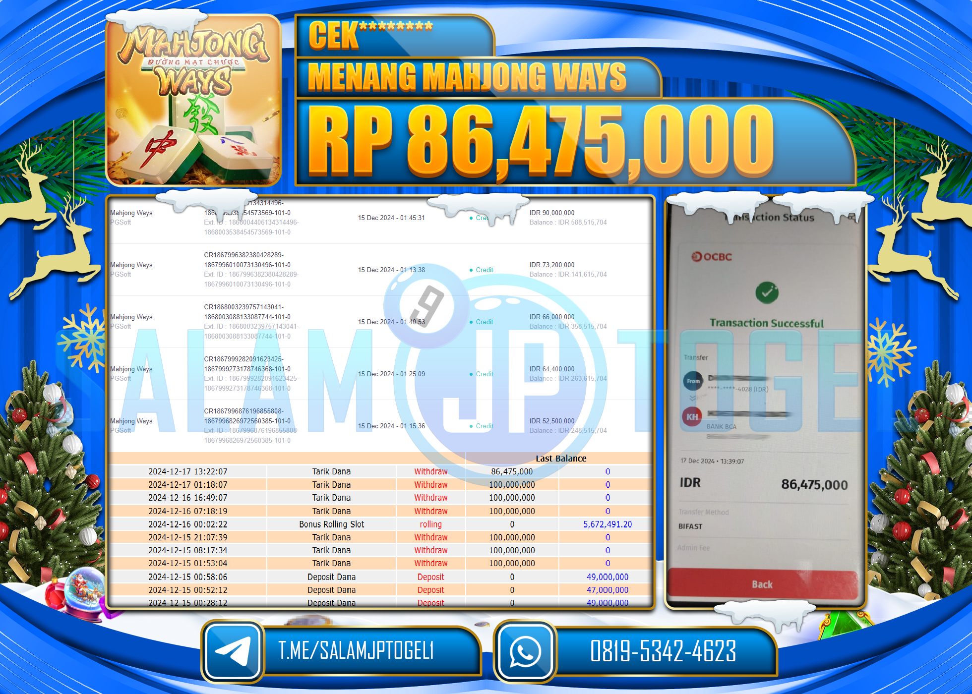 SALAMJPTOGEL MENANG  SLOT MAHJONG WAYS PG SOFT Rp.86,475,000 LUNAS