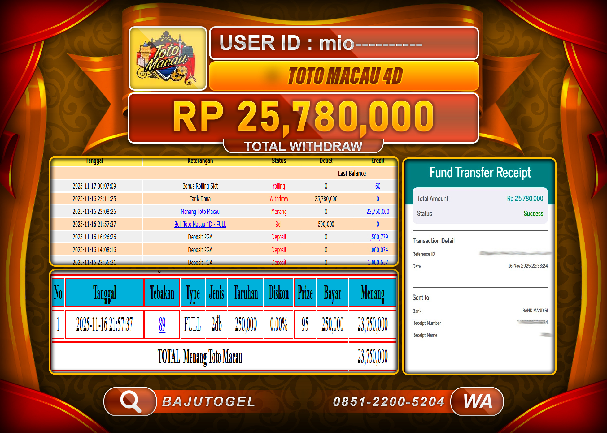 BAJUTOGEL KEMENANGAN PASARAN TOTO MACAU 4D  Rp.25,780,000 LUNAS
