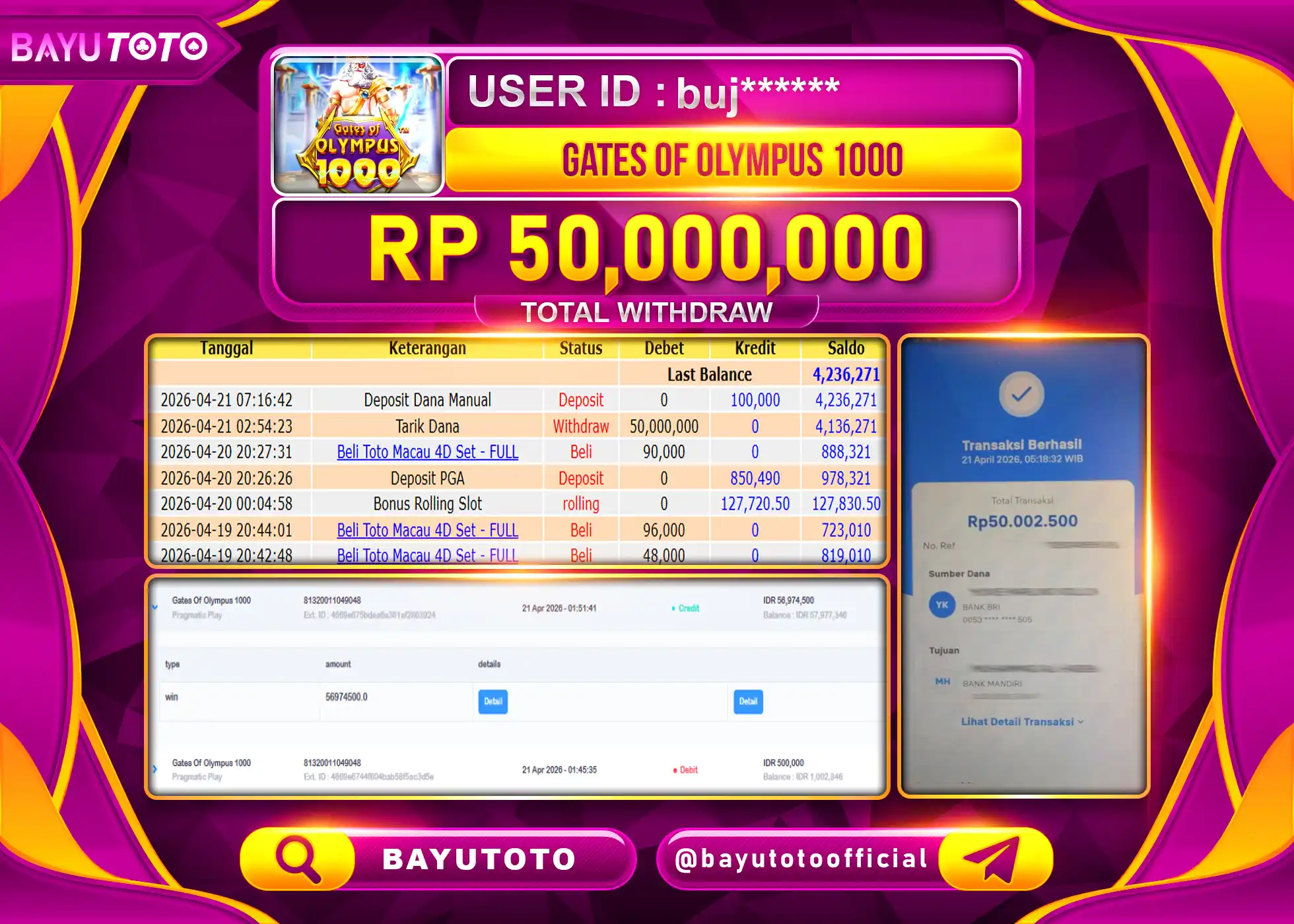 SELAMAT MEMBER SETIA BAYUTOTO JACKPOT DI SLOT GATES OF OLYMPUS 1000 Rp. 50,000,000 LUNAS