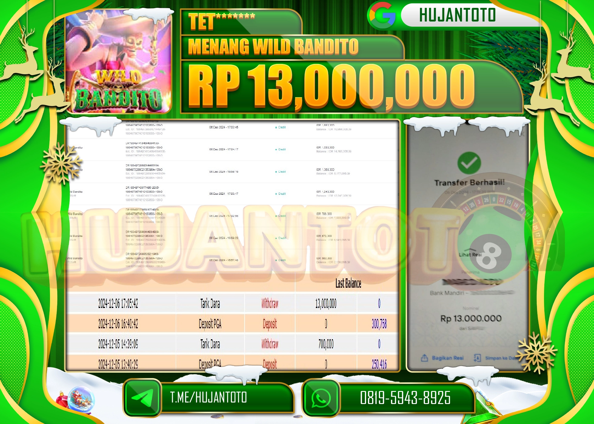 HUJANTOTO ATAS KEMENANGAN BESAR YANG  DI RAIH DI PERMAINAN SLOT WILD BANDITO, SEBESAR - 13,000,000 -TERBAYAR - LUNAS 