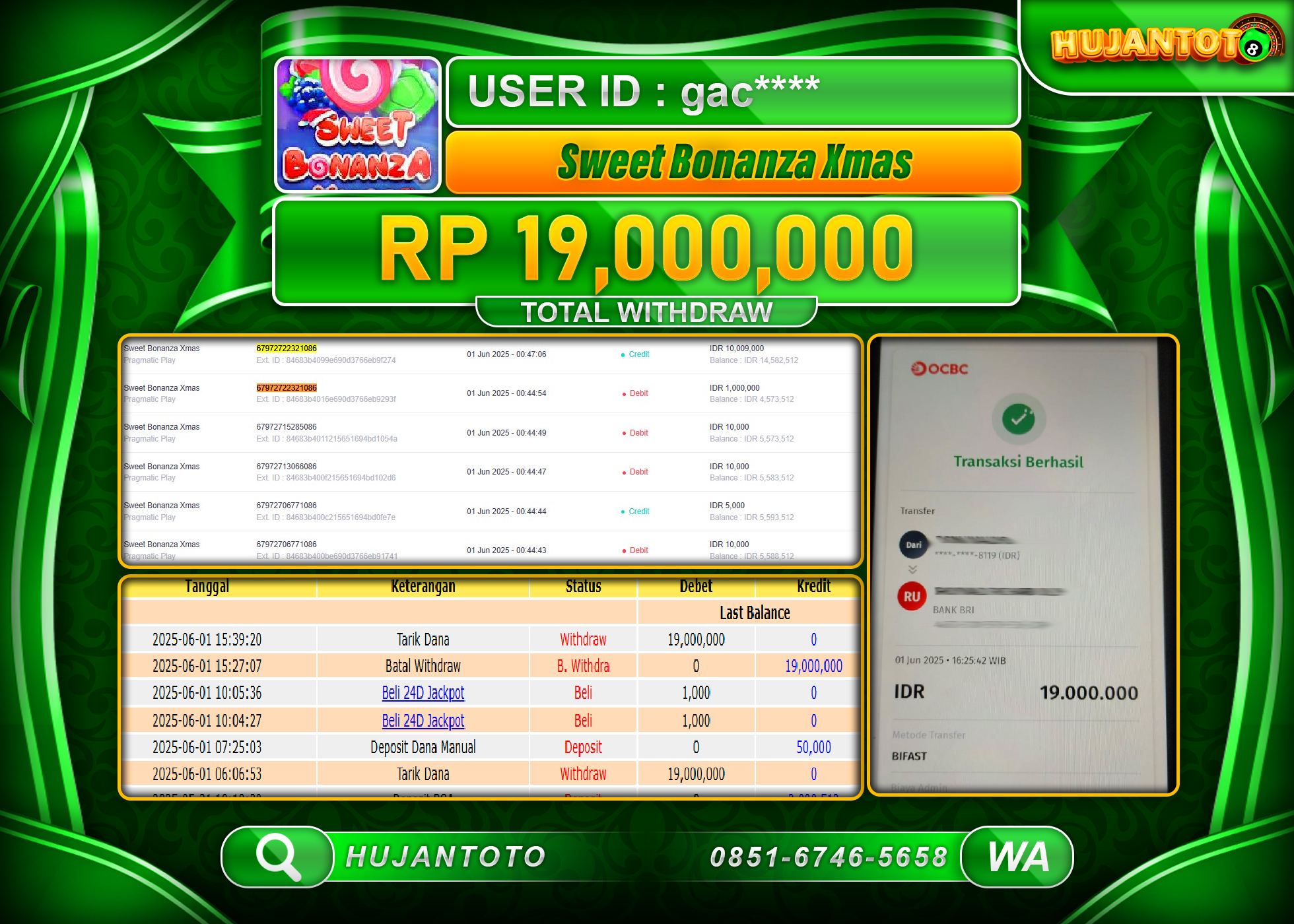 HUJANTOTO - BUKTI JACKPOT MENANG SLOT SUGAR RUSH 1000 Rp.19,000,000  - TERBAYAR LUNAS