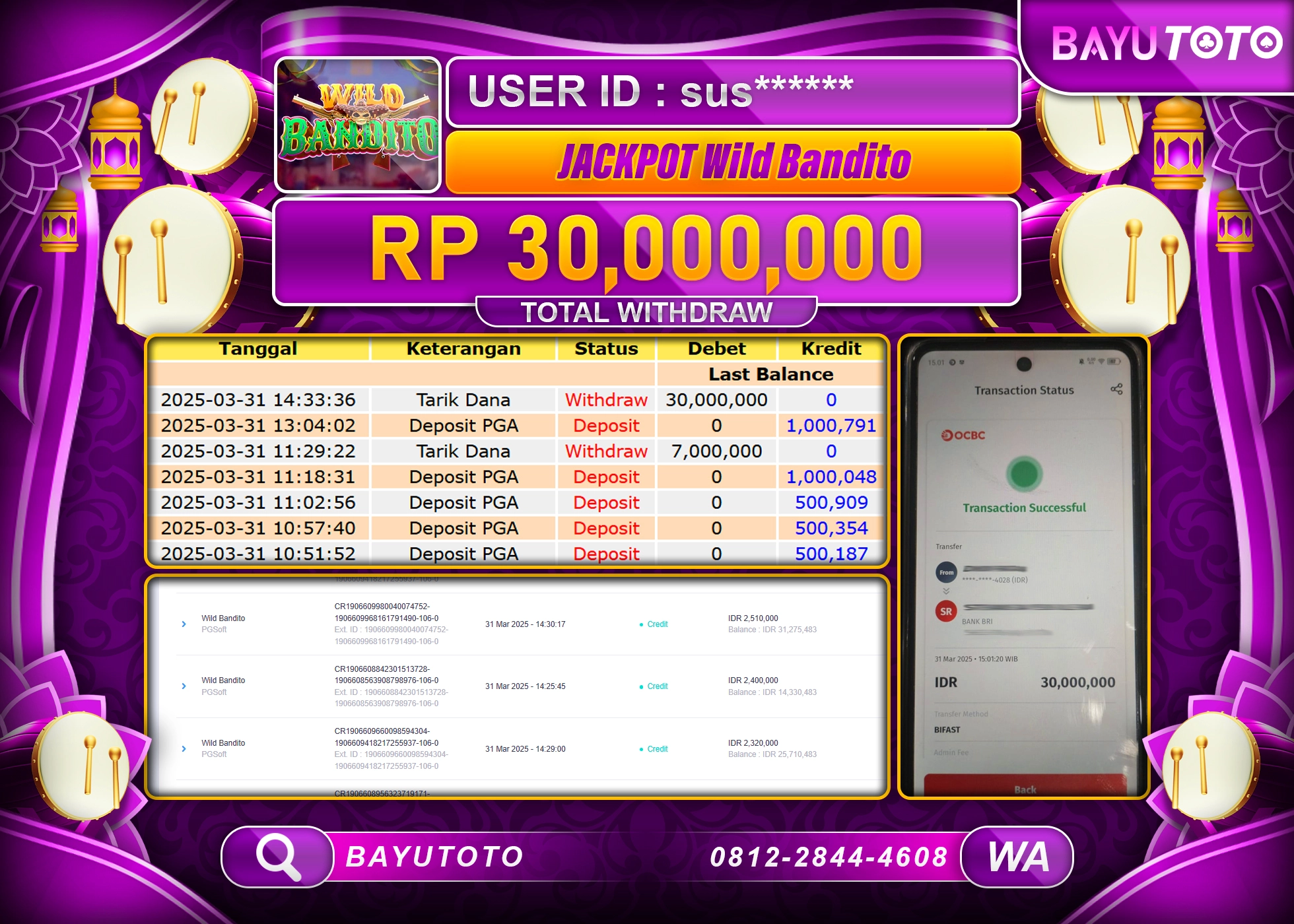 BAYUTOTO TELAH JACKPOT  DI SLOT WILD BANDITO Rp.30.000.000 LUNAS