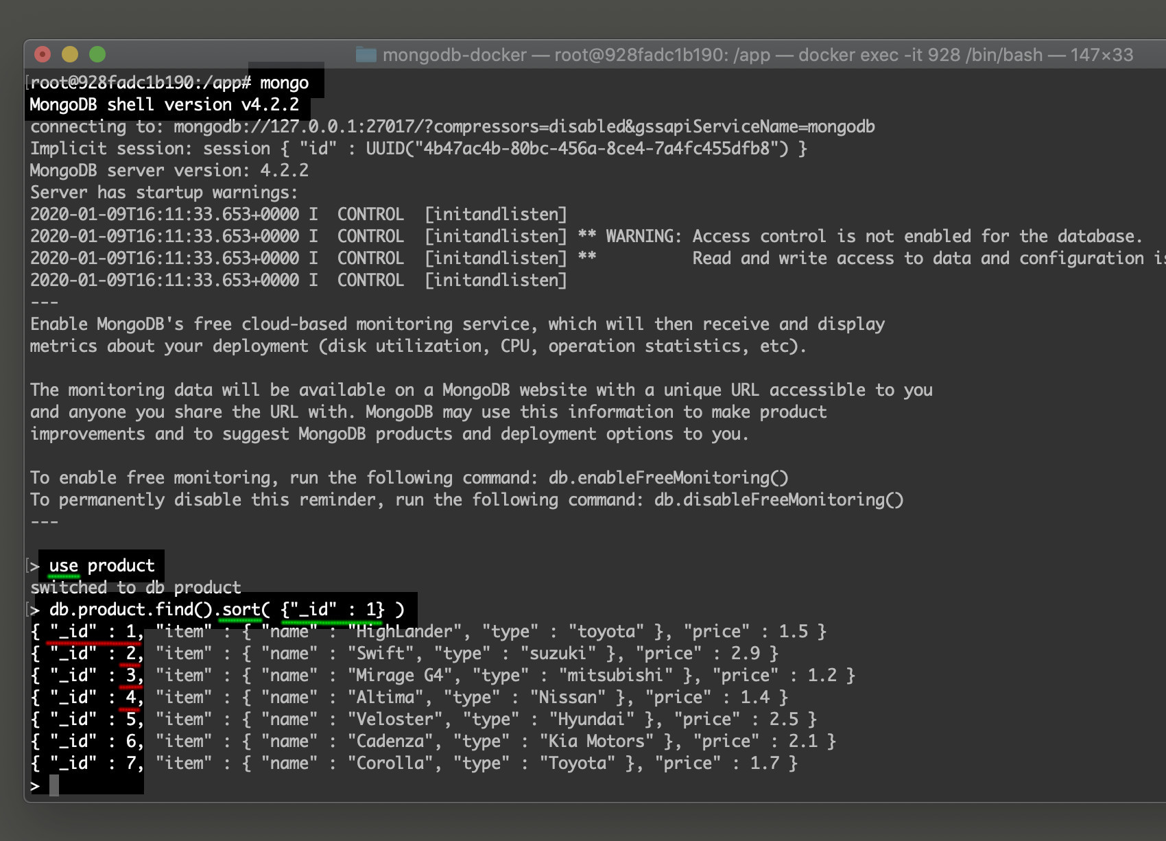 Screenshot of MongoDB sort by field sorting documents by ID
