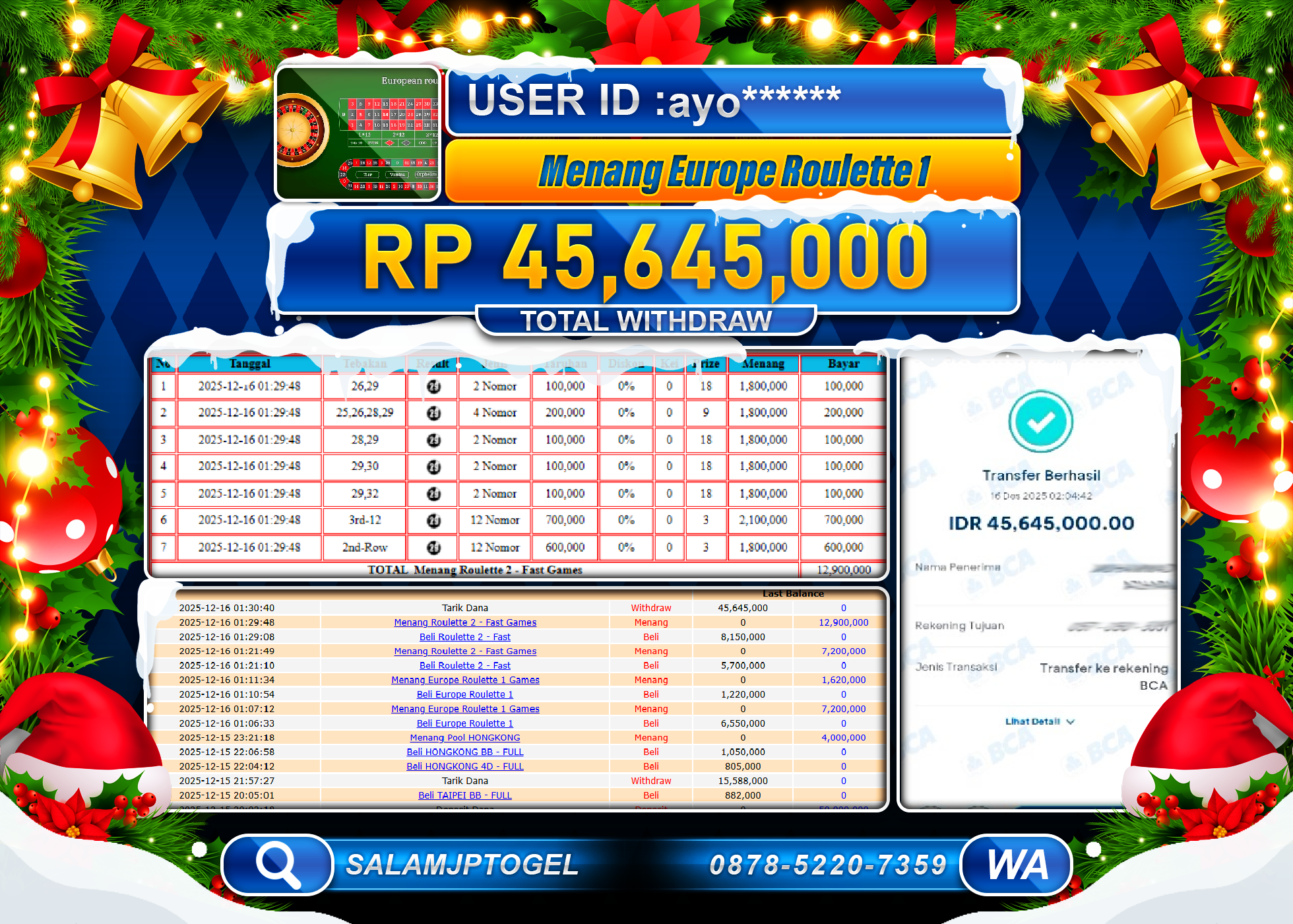SALAMJPTOGEL JACKPOT EUROPE ROULETTE 1 Rp.45,645,000 - LUNAS