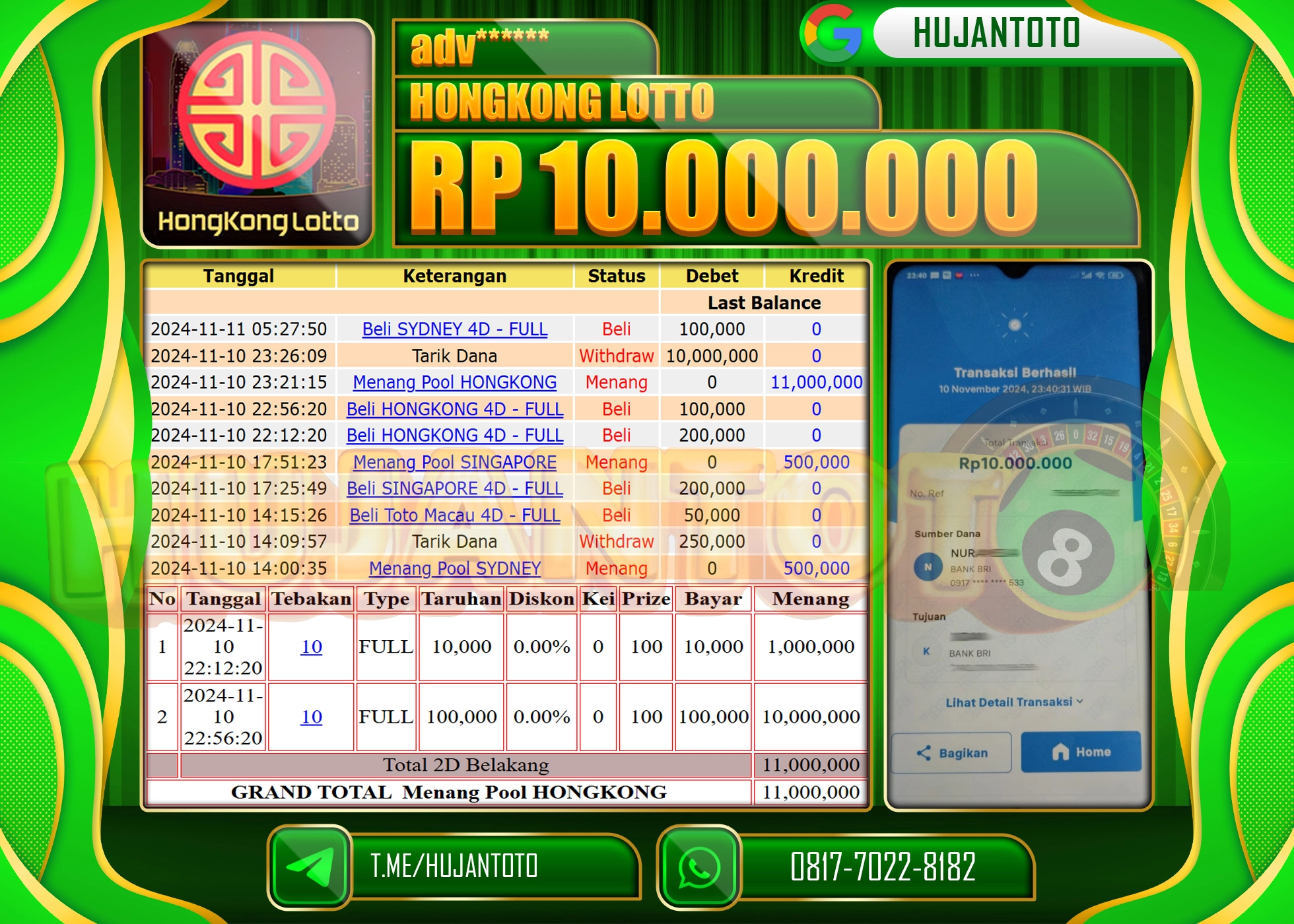 HUJANTOTO MENANG DI PERMAINAN  DI  TOGEL HONGKONG LOTTO SEBESAR   - 10,000,000   - LUNAS
