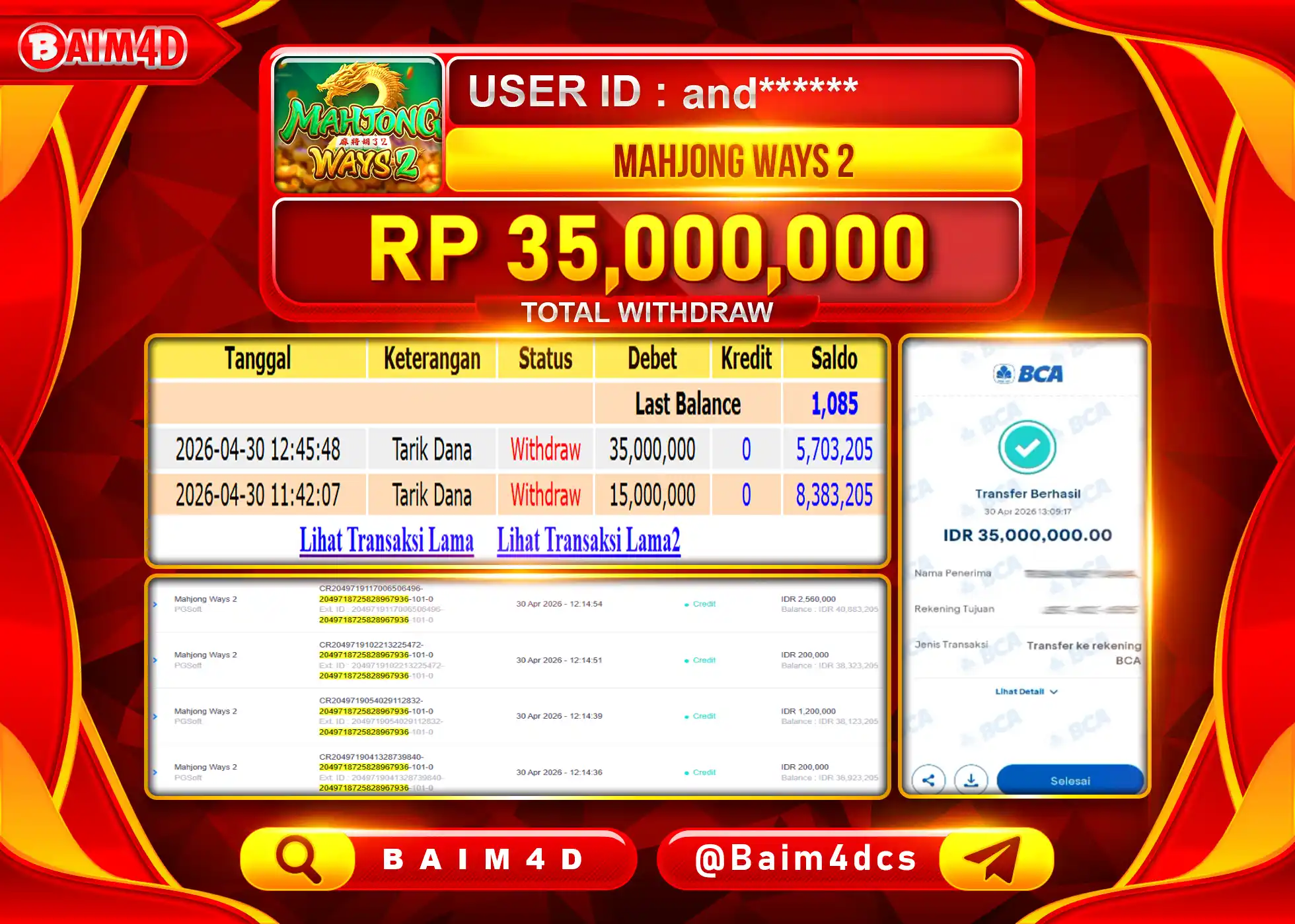 BAIM4D JACKPOT SLOT MAHJONG WAYS 2 Rp.35,000,000 - LUNAS