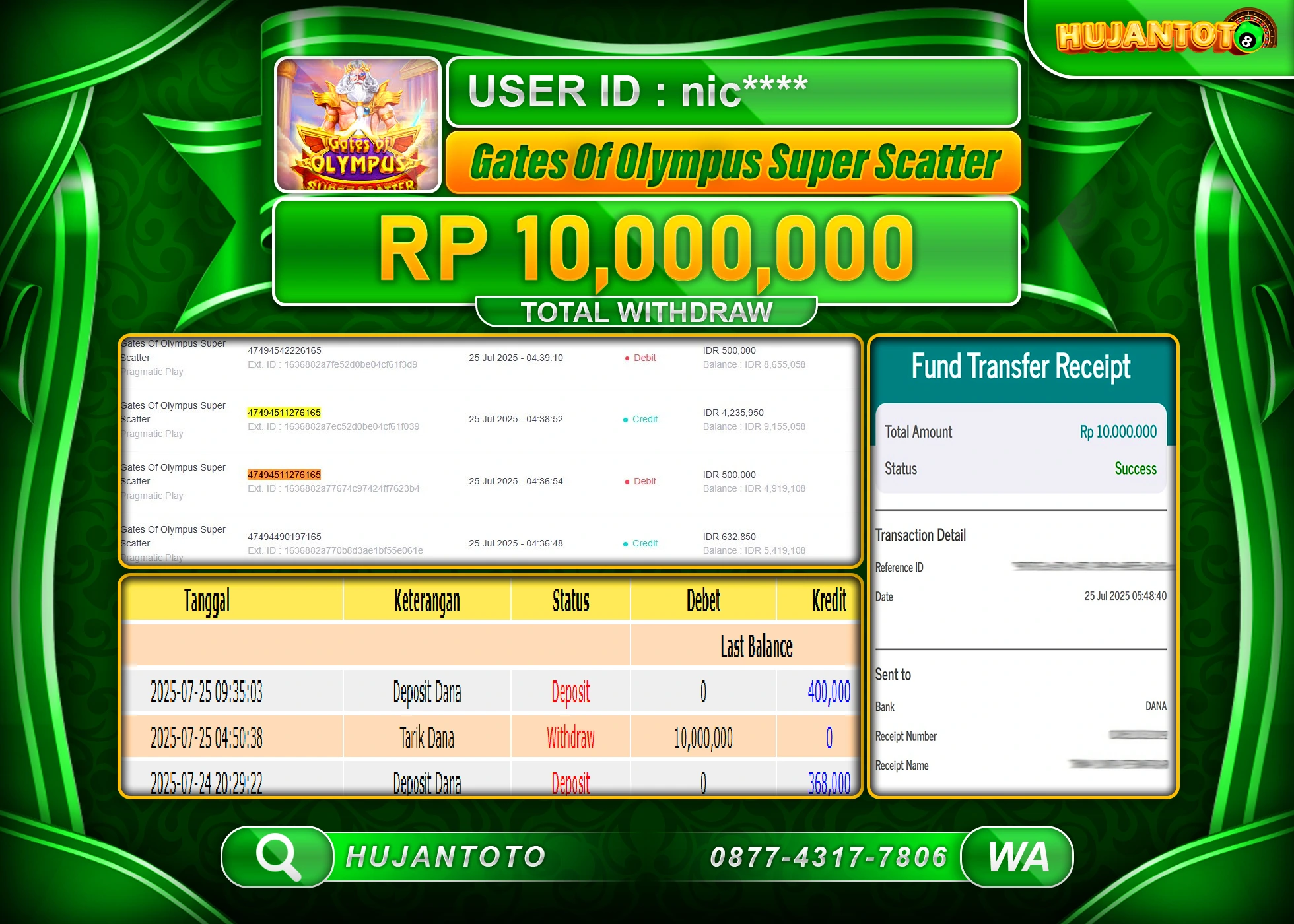 HUJANTOTO - BUKTI JACKPOT MENANG SLOT GATES OF OLYMPUS SUPER SCATTER Rp.10,000,000 - TERBAYAR LUNAS
