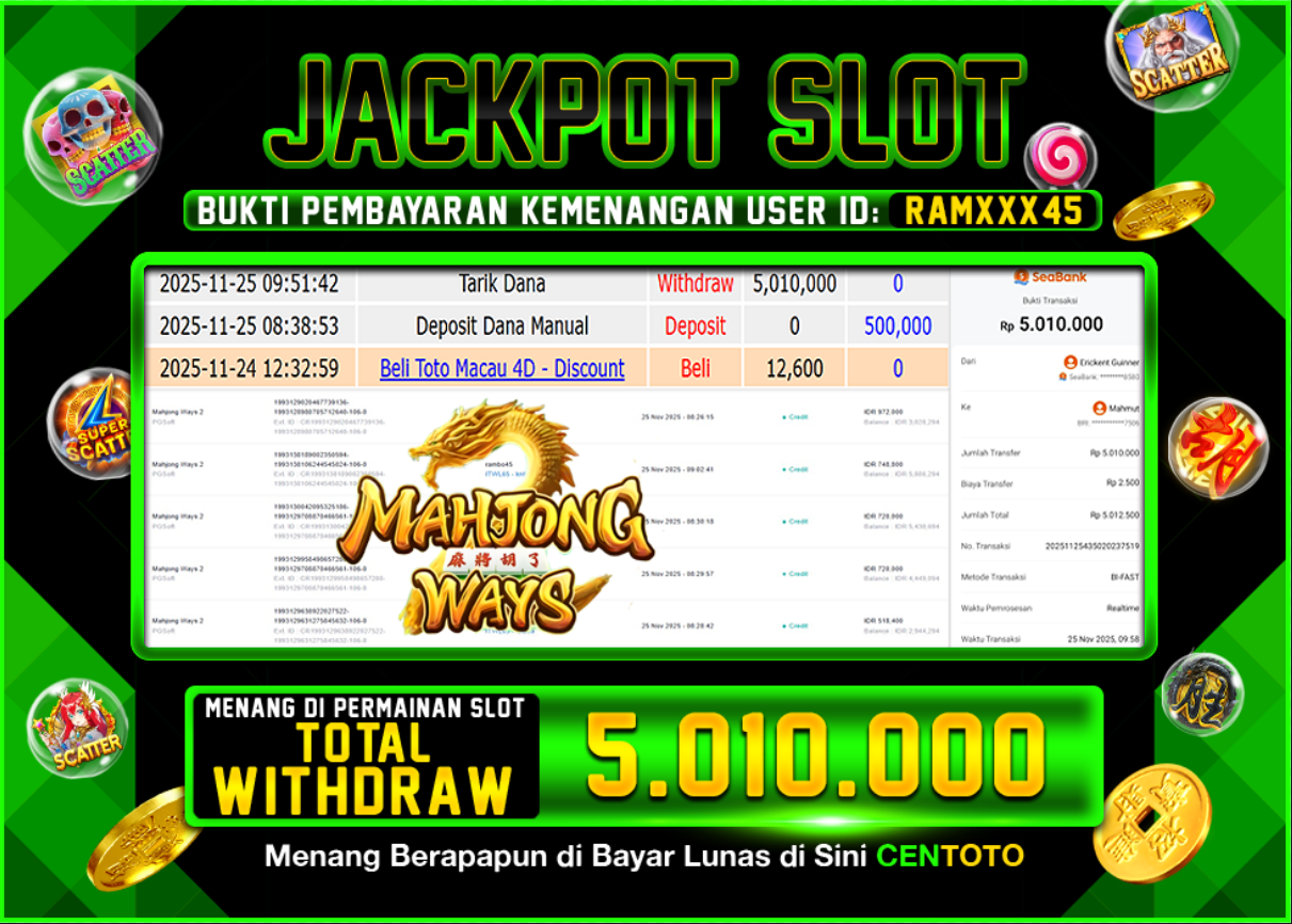 BUKTI JACKPOT SLOT CENTOTO  RP.5.010.000,-LUNAS