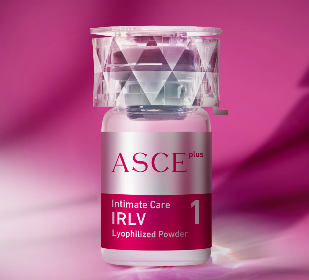 A vial labeled 'ASCEplus Intimate Care IRLV Lyophilized Powder' on a pink background.