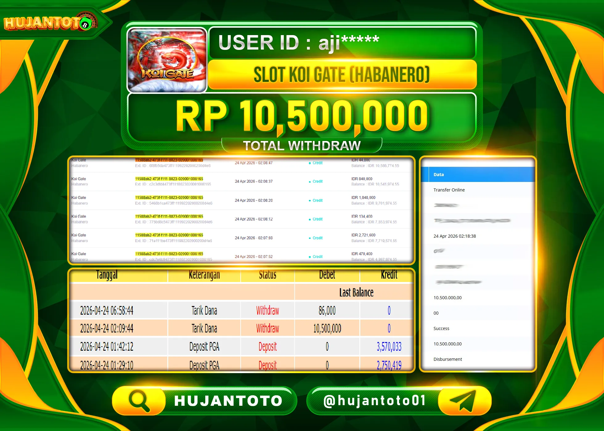 HUJANTOTO - BUKTI JACKPOT MENANG SLOT KOI GATE HABANERO Rp.10,500,000 - TERBAYAR LUNAS