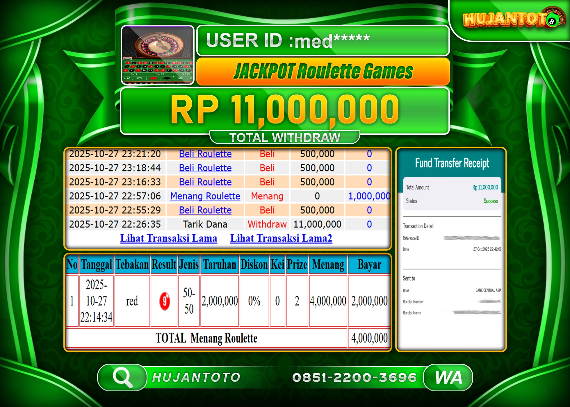 HUJANTOTO - BUKTI JACKPOT MENANG LIVEGAME ROULETTE Rp.11,000,000 - TERBAYAR LUNAS