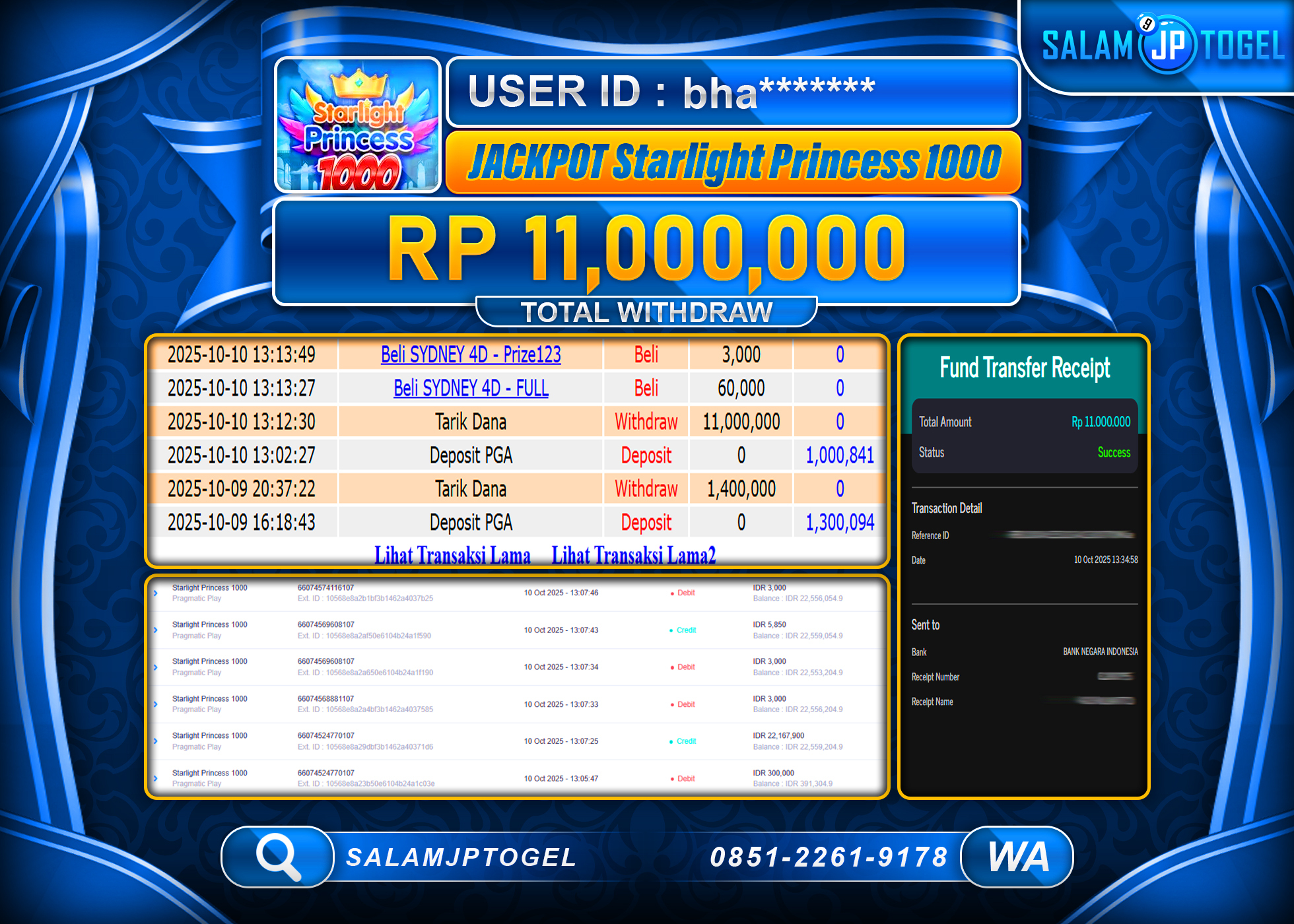 SALAMJPTOGEL MENANG STARLIGHT PRINCESS 1000 RP. 11,000,0000, - LUNAS