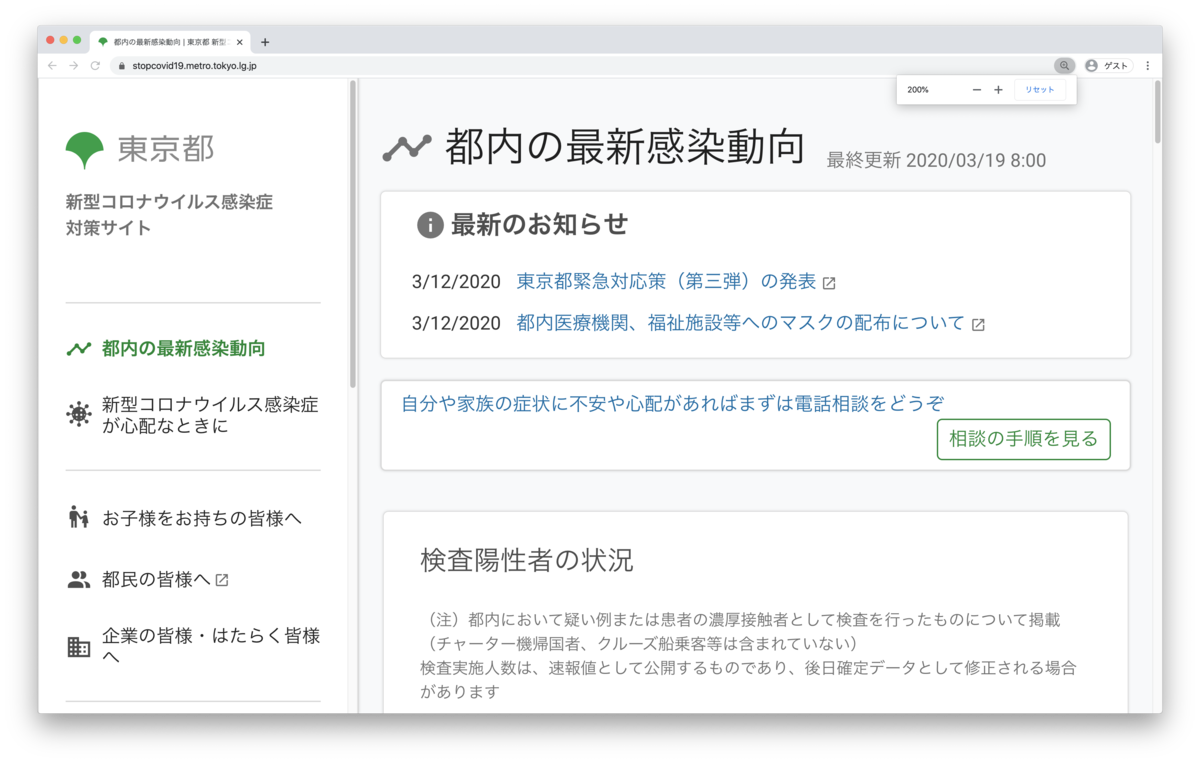 Chromeブラウザの拡大機能で200%まで拡大された東京都 新型コロナウイルス感染症対策サイト トップページ