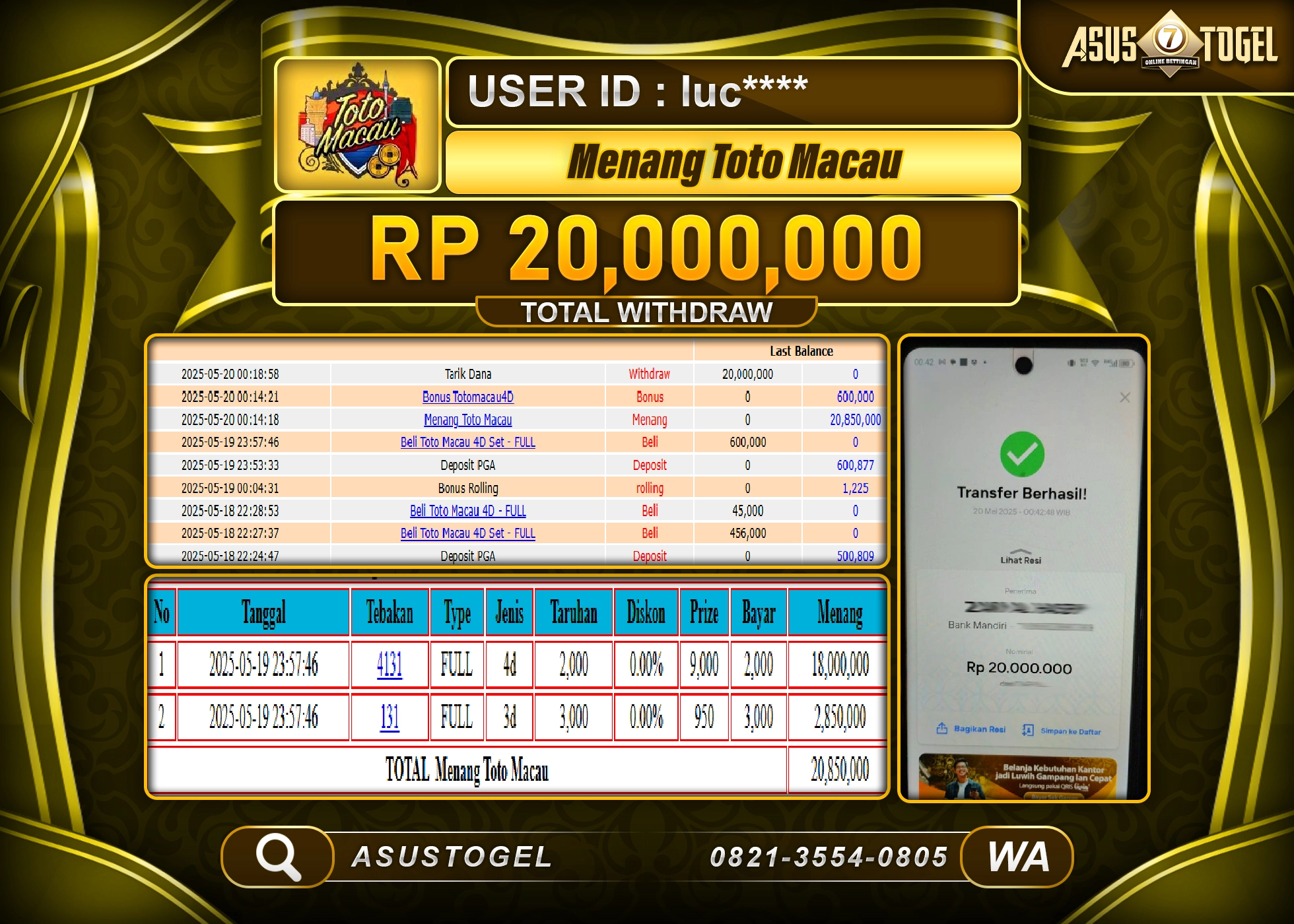  ASUSTOGEL KEMENANGAN DI TOGEL TOTO MACAU 4D MANIA SEBESAR 20,000,000- RUPIAH LUNAS
