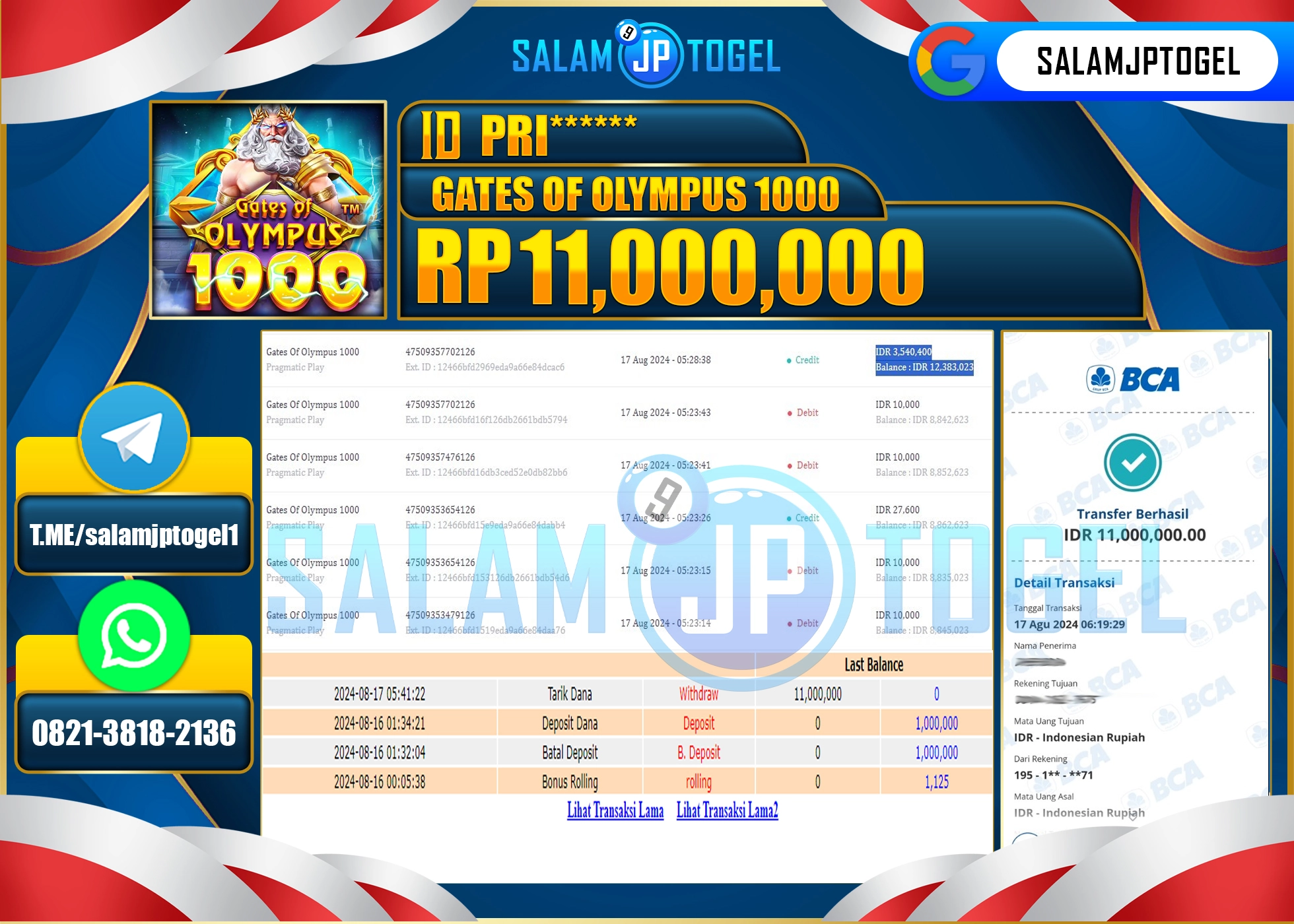 SALAMJPTOGEL MENANG Gates Of Olympus 1000 RP. 11,000,000.,LUNAS