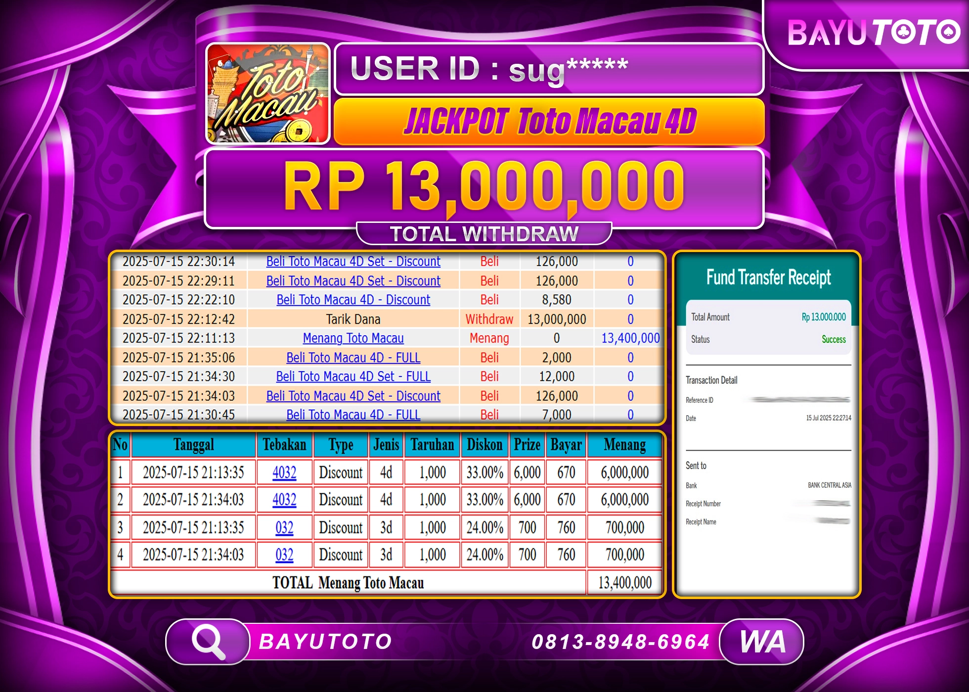 BAYUTOTO JACKPOT DI TOGEL TOTO MACAU 4D Rp.13,000,000 LUNAS