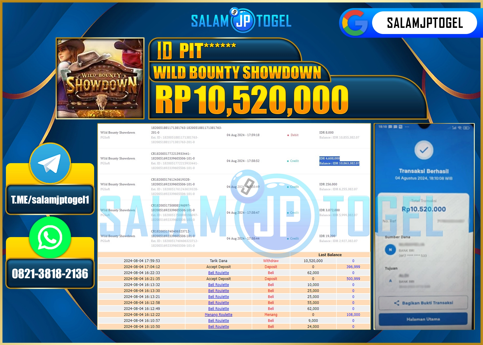 SALAMJPTOGEL MENANG SLOT WILD BOUNTY SHOW DOWN  RP. 10,520,000 LUNAS