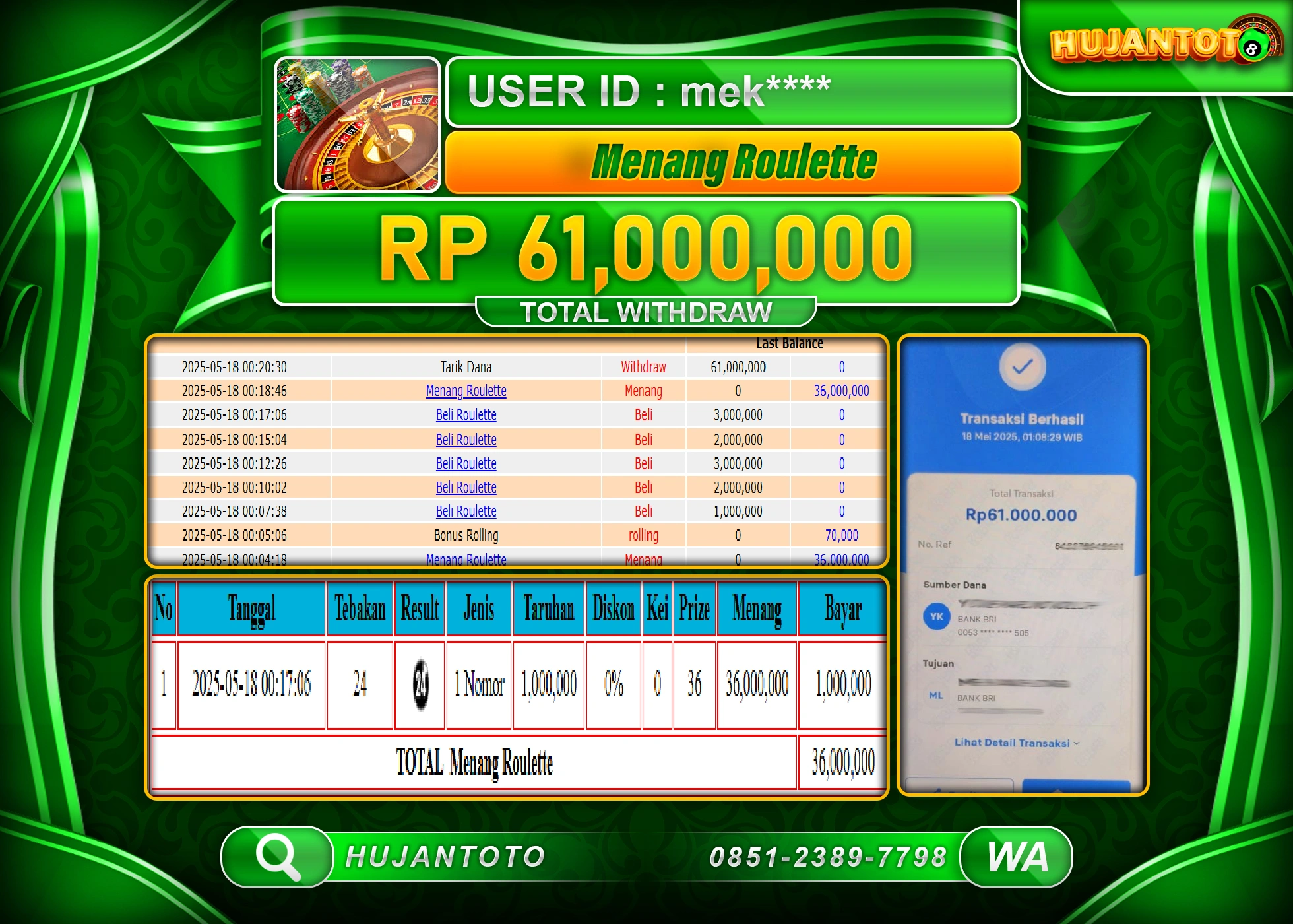 HUJANTOTO - BUKTI JACKPOT MENANG BESAR LIVE GAME ROULETTE Rp,61,000,000 - TERBAYAR LUNAS