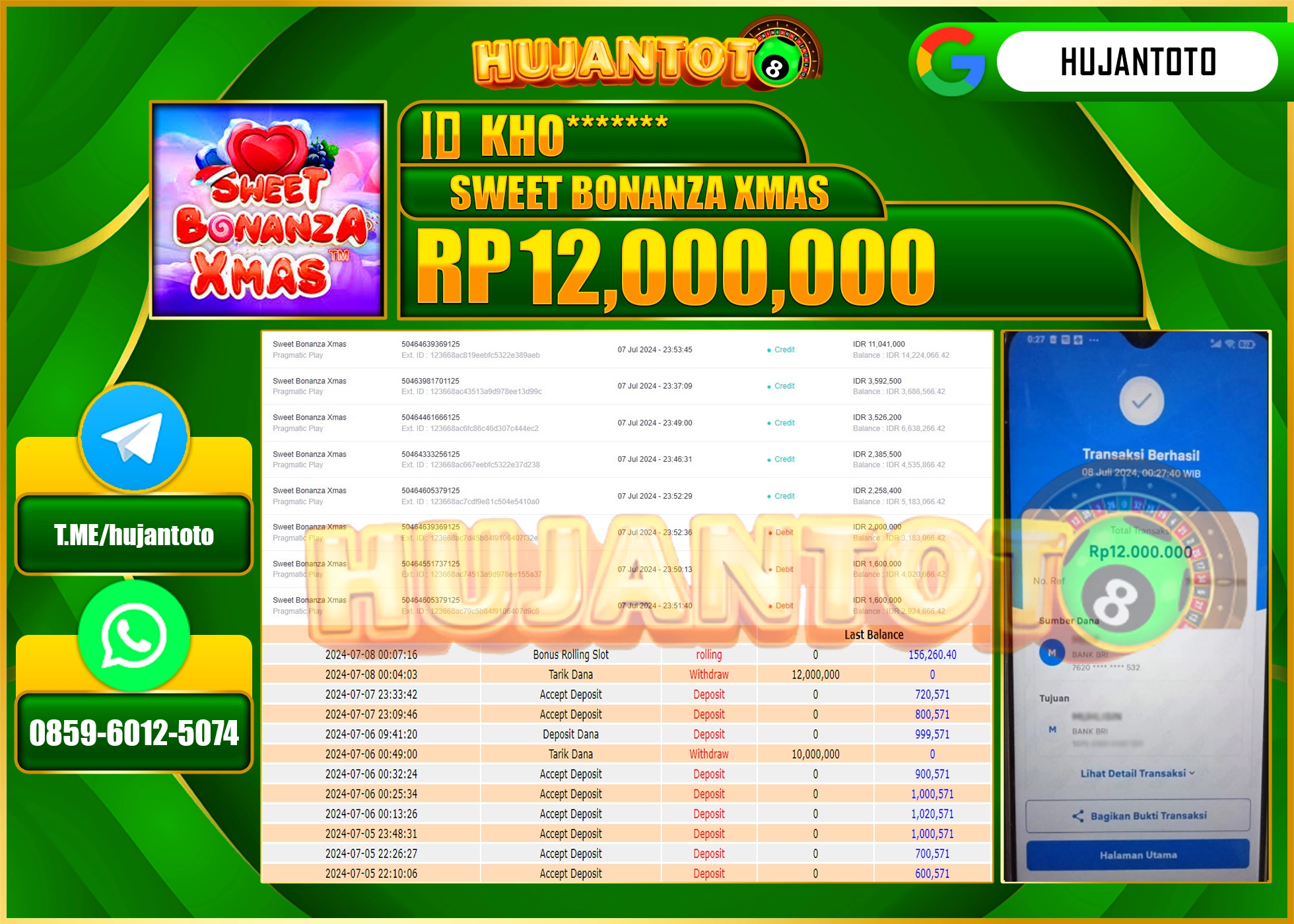 HUJANTOTO MENANG SLOT SWEET BONANZA  XMAS 12.000.000 - LUNAS 