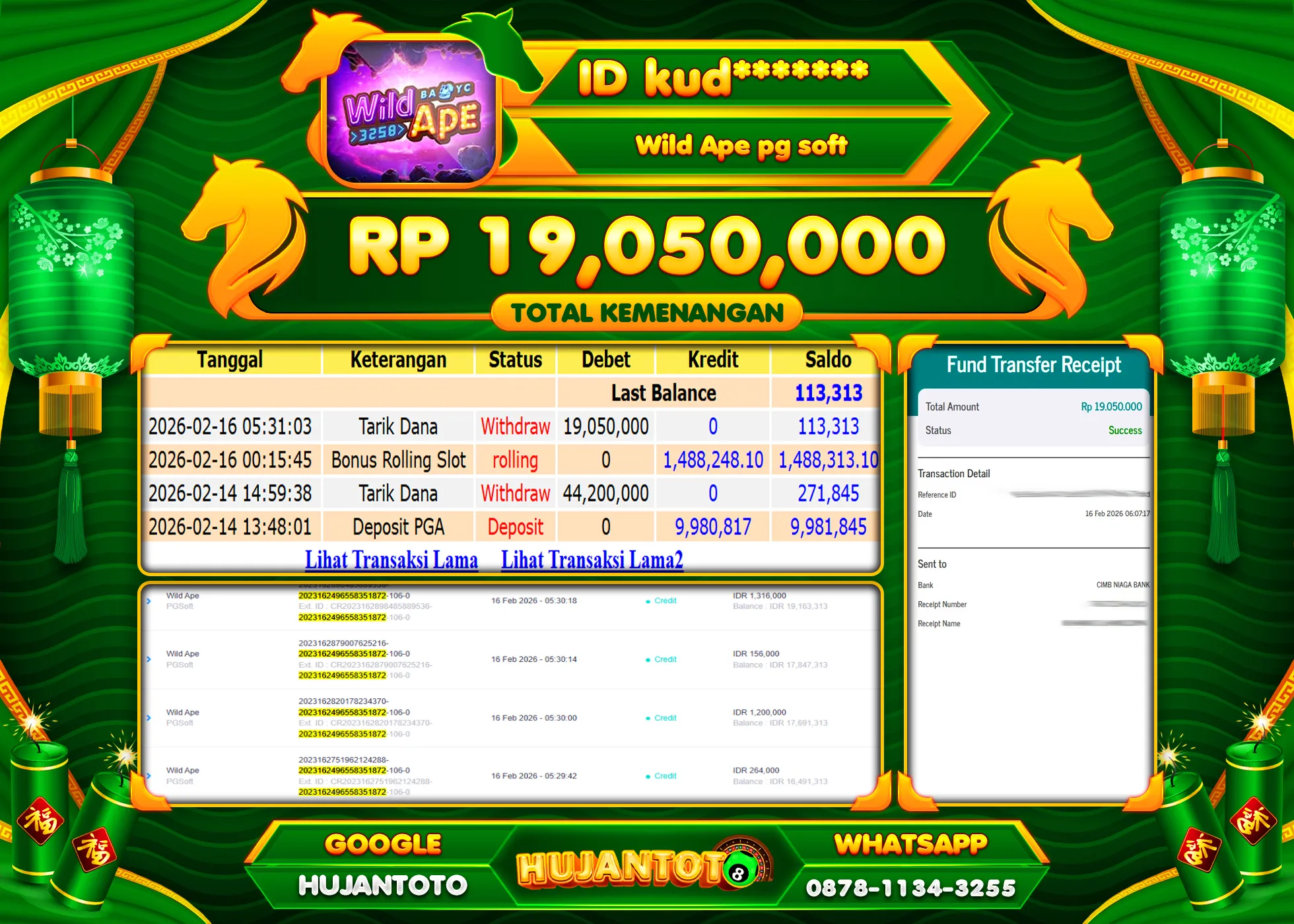 HUJANTOTO - BUKTI JACKPOT MENANG SLOT WILD APE PG SOFT  Rp.19,050,000 - TERBAYAR LUNAS