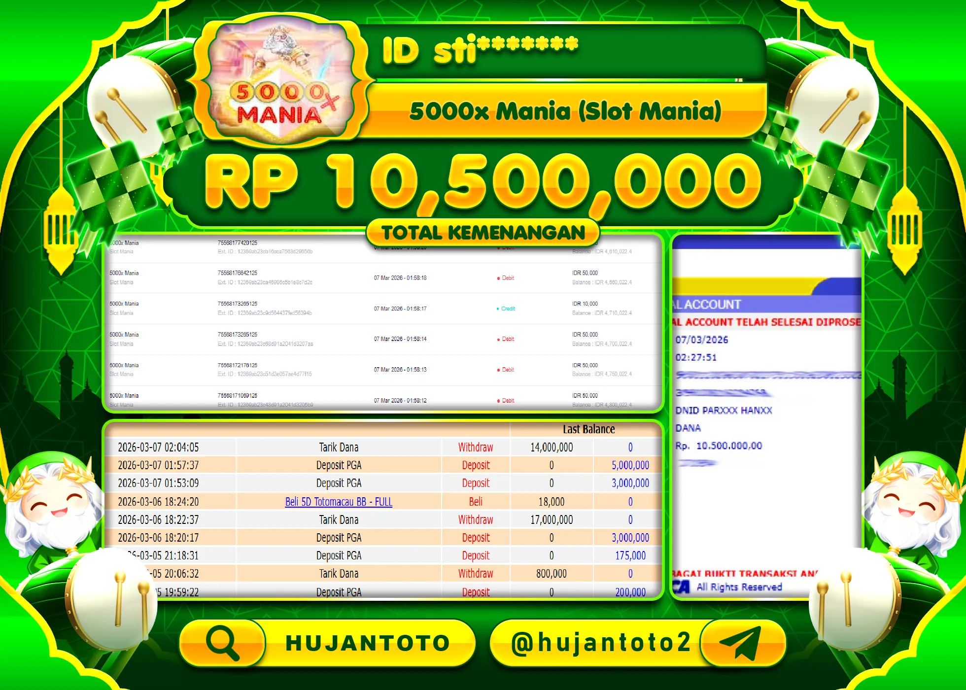 HUJANTOTO - BUKTI JACKPOT MENANG SLOT 5000X MANIA SLOT MANIA Rp.10,500,000 - TERBAYAR LUNAS
