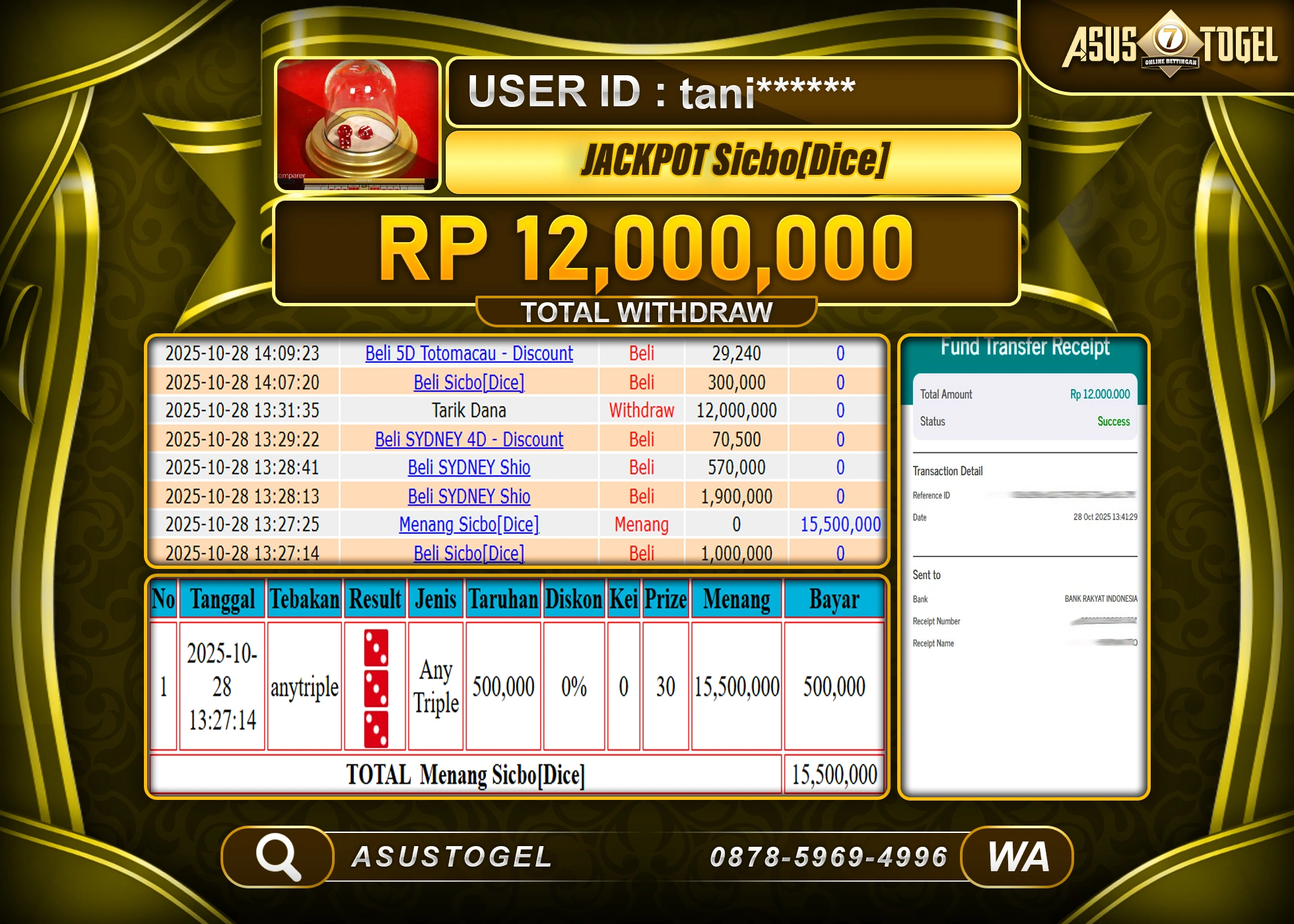ASUSTOGEL KEMENANGAN DI LIVEGAME SICBO (DICE) SEBESAR 12,000,000- RUPIAH LUNAS