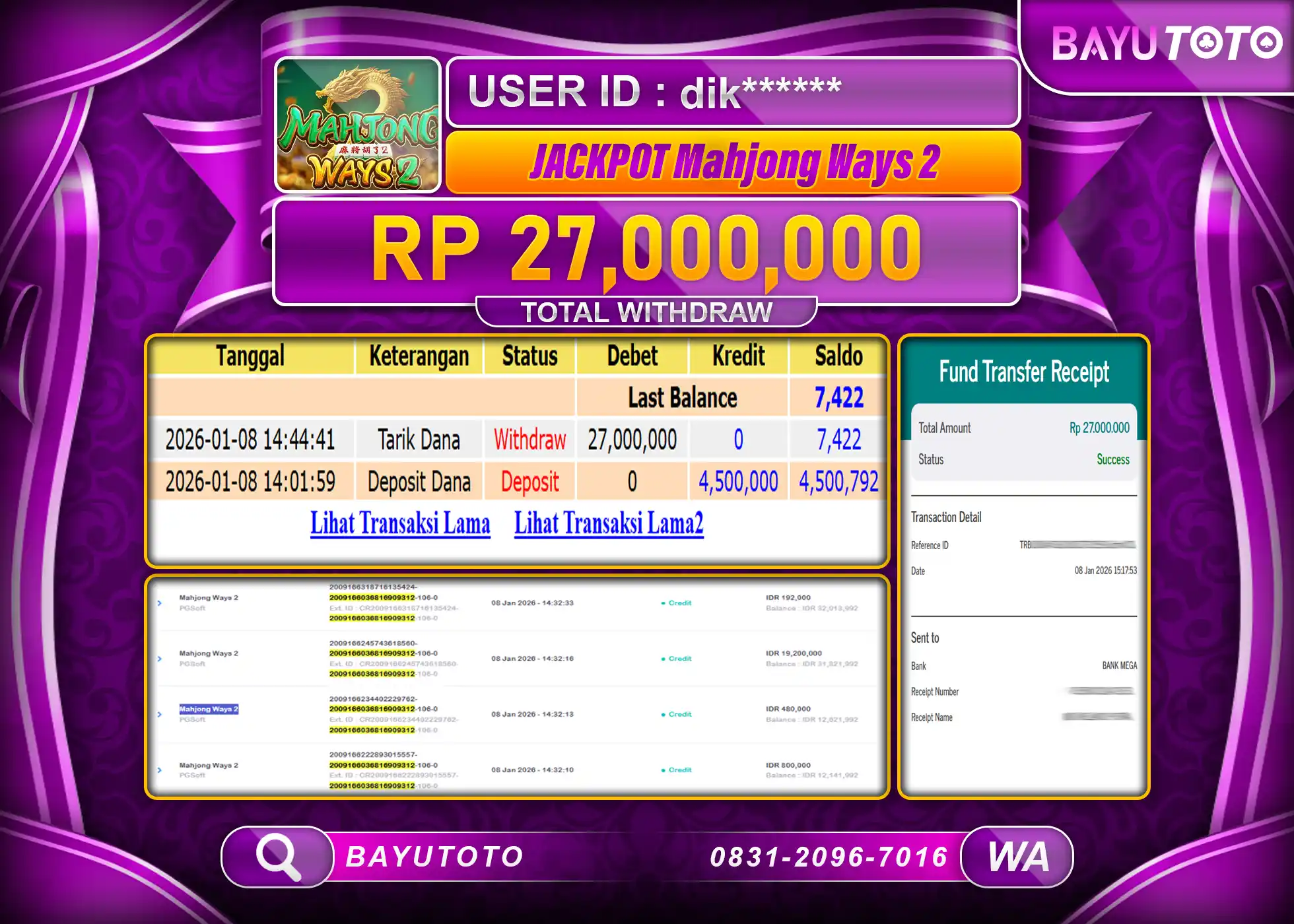 SELAMAT KEPADA MEMBER SETIA BAYUTOTO JACKPOT SLOT MAHJONG WAYS 2  Rp. 27,000,000 LUNAS