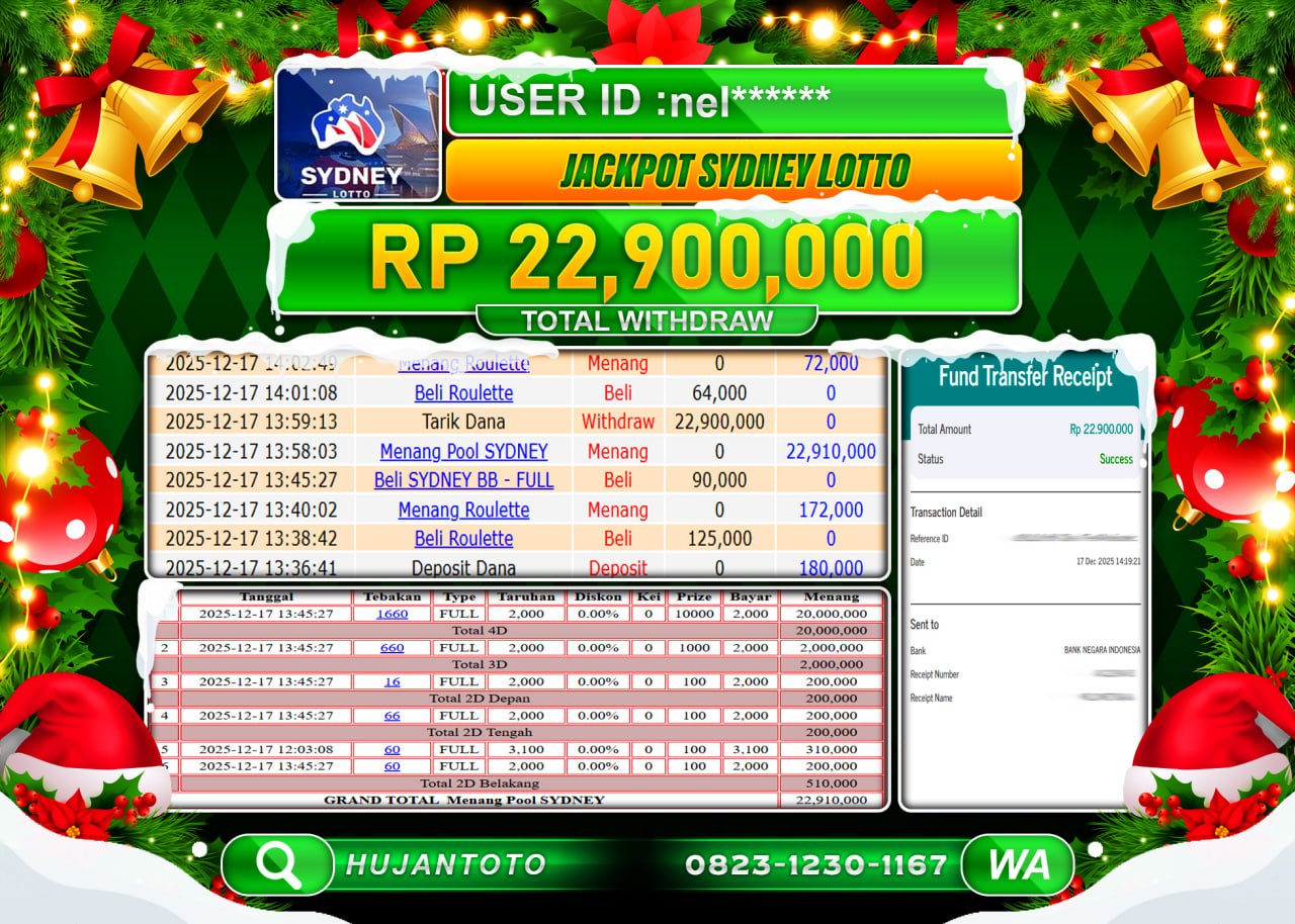 HUJANTOTO - BUKTI JACKPOT MENANG TOGEL SYDNEY LOTTO Rp.22,900,000 - TERBAYAR LUNAS