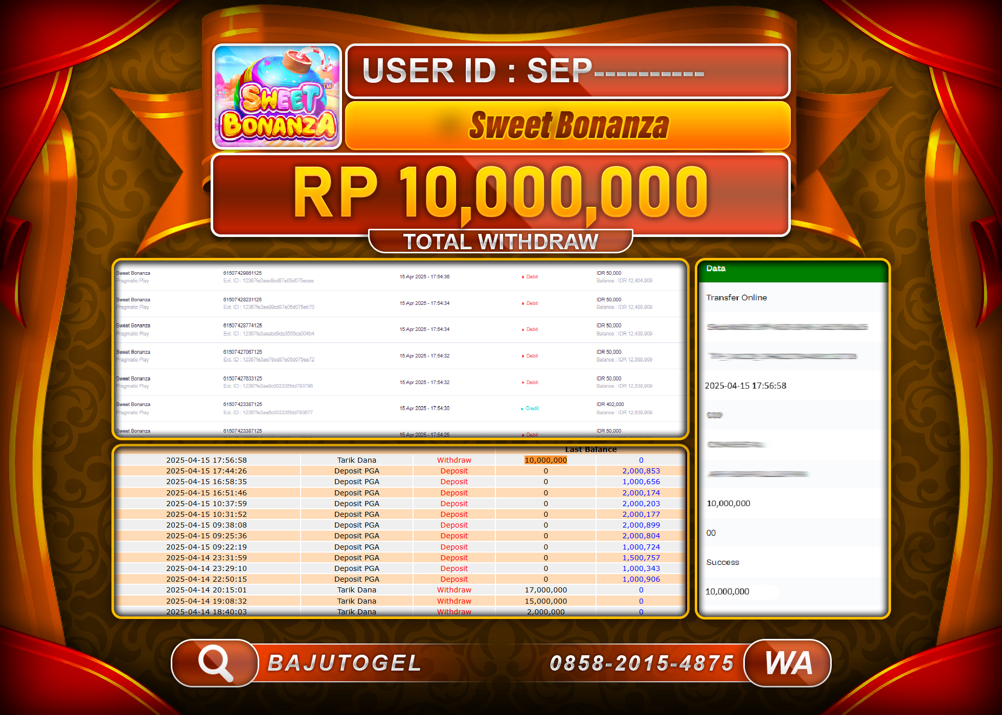 BAJUTOGEL KEMENANGAN SWEET BONANZA 1000 Rp.10.000.000 LUNAS