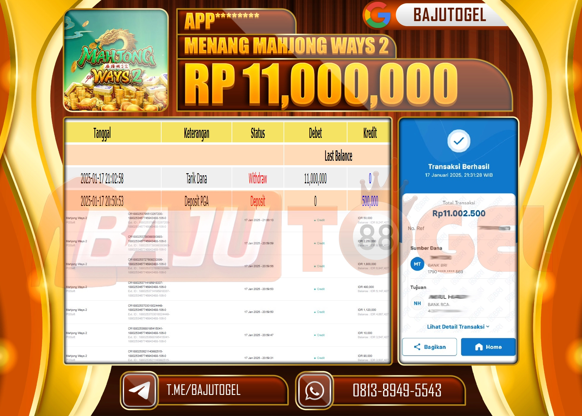 BAJUTOGEL KEMENANGAN MAHJONG WAYS 2 Rp.11.000.000 LUNAS
