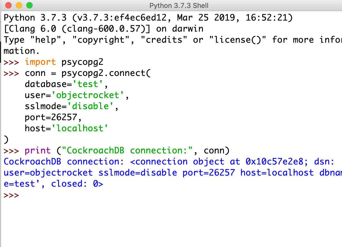Screenshot of IDLE Python making a connection to a CockroachDB database using psycopg2