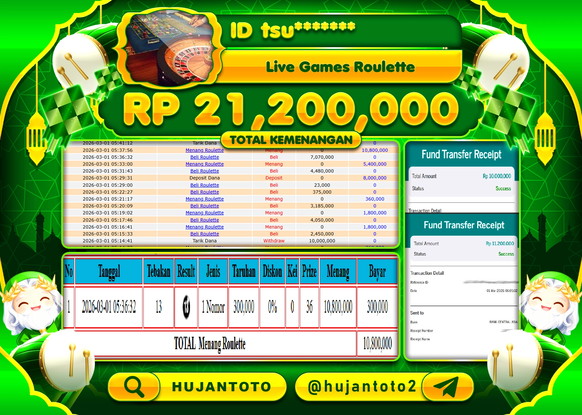 HUJANTOTO - BUKTI JACKPOT MENANG LIVEGAMES ROULETTE Rp.21,200,000 - TERBAYAR LUNAS