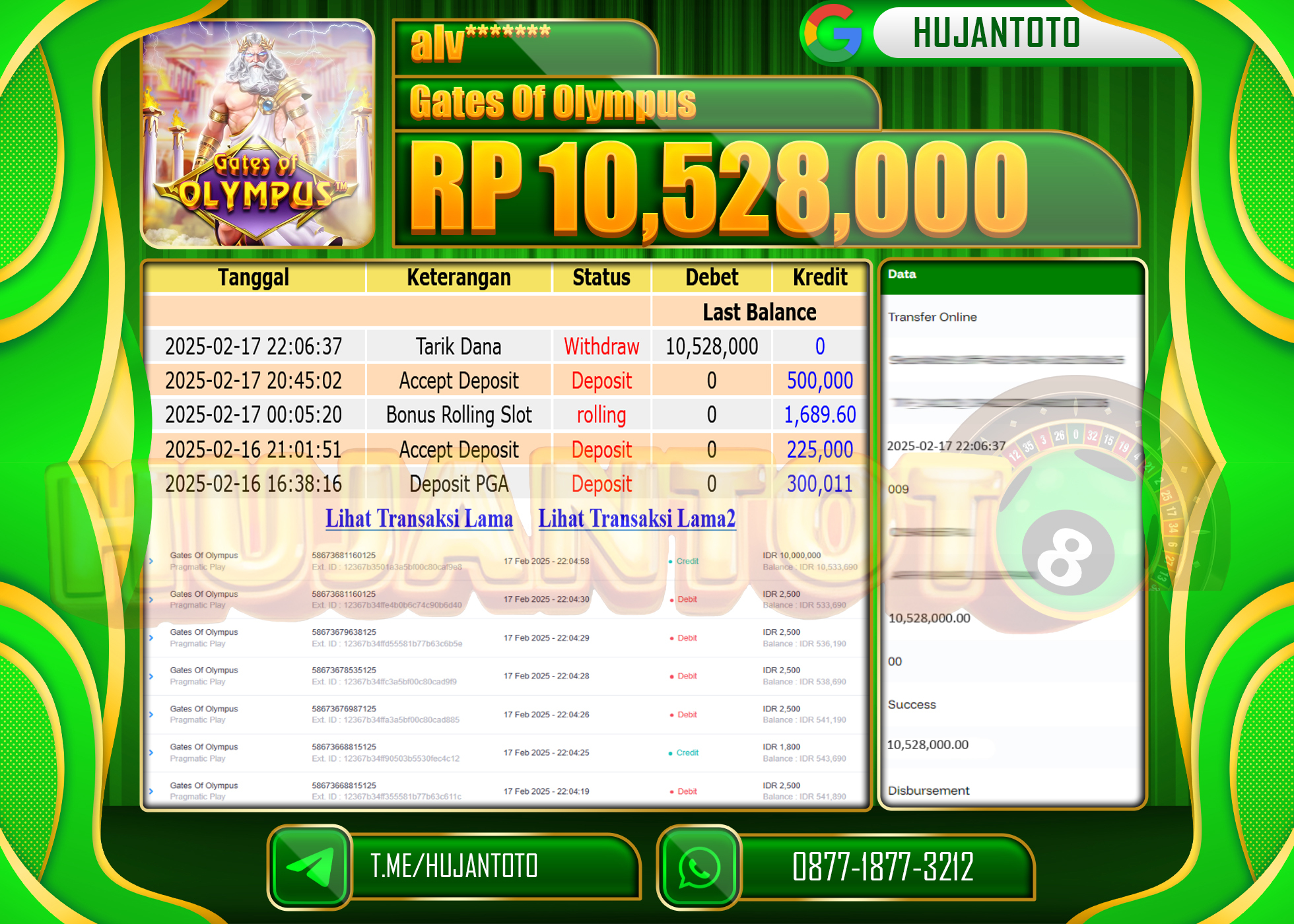 HUJANTOTO - BUKTI JACKPOT MENANG SLOT GATES OF OLYMPUS , Rp,10,528,000  - TERBAYAR LUNAS
