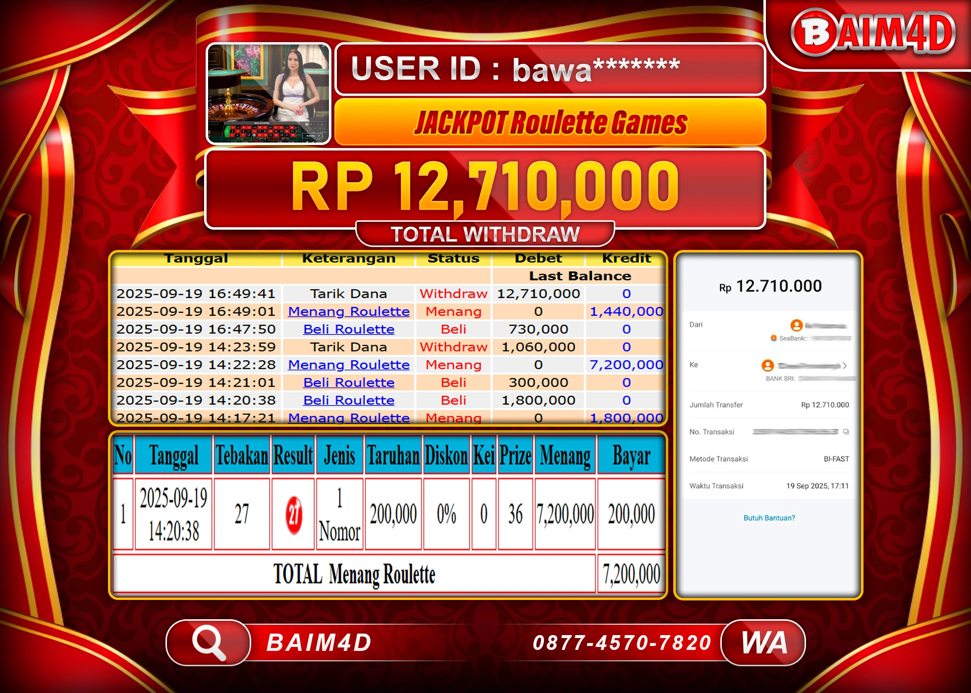 BAIM4D JACKPOT LIVEGAMES ROULETTE  Rp.12,710,000.- LUNAS
